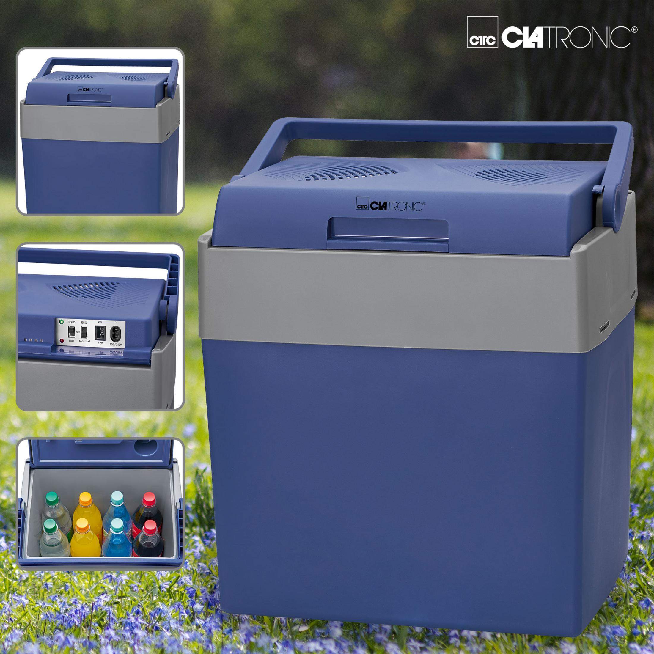 Niebiesko-szara chłodziarka z uchwytem. Wiele widoków, butelki w środku.