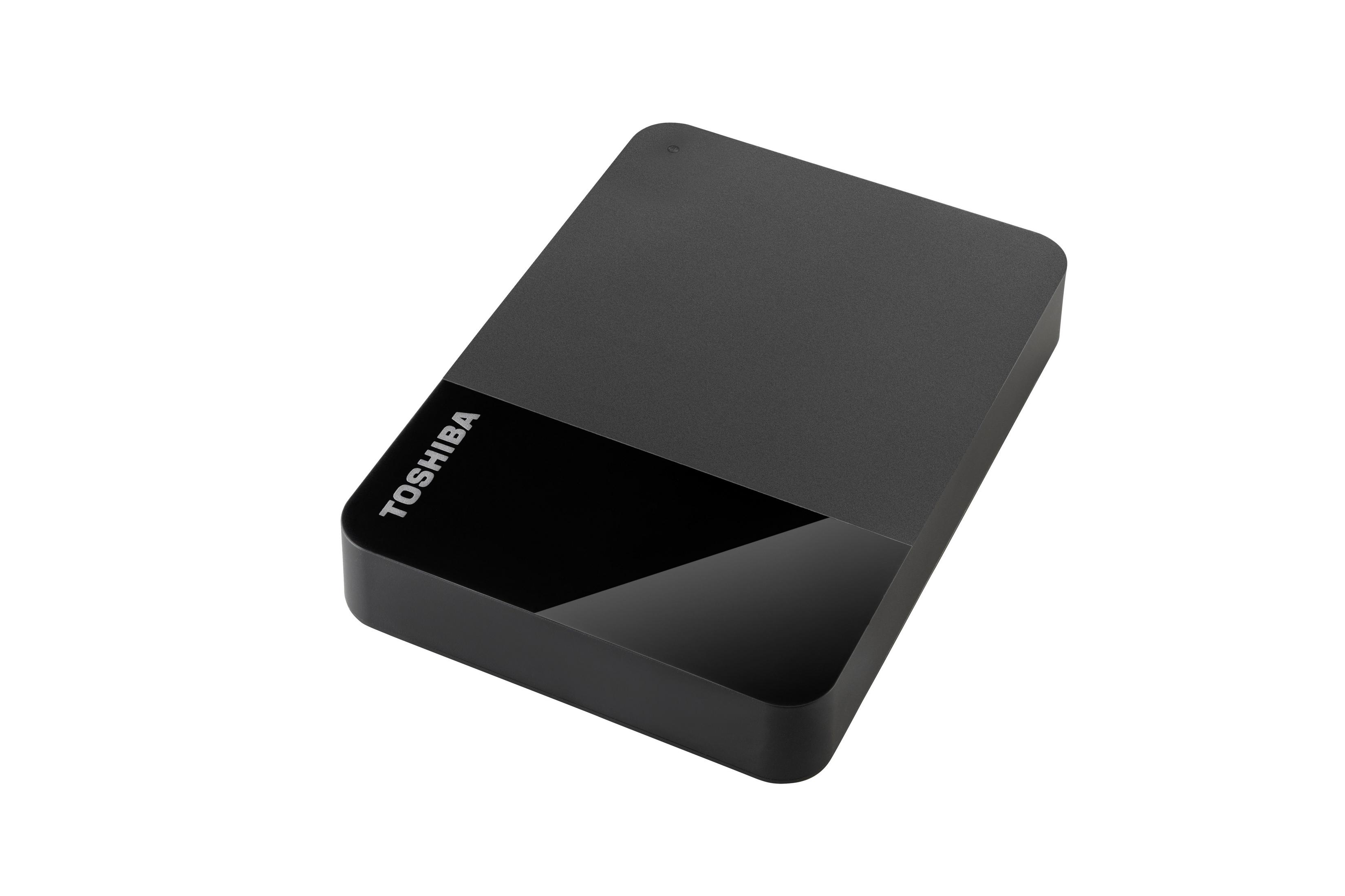 Czarny zewnętrzny dysk twardy Toshiba, prostokątny z błyszczącą górną częścią.