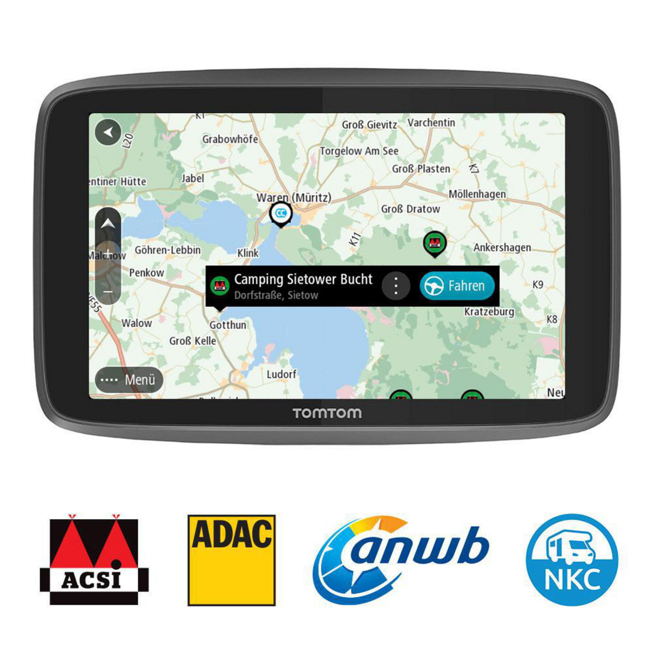 Urządzenie nawigacji GPS wyświetlające mapę z logo.