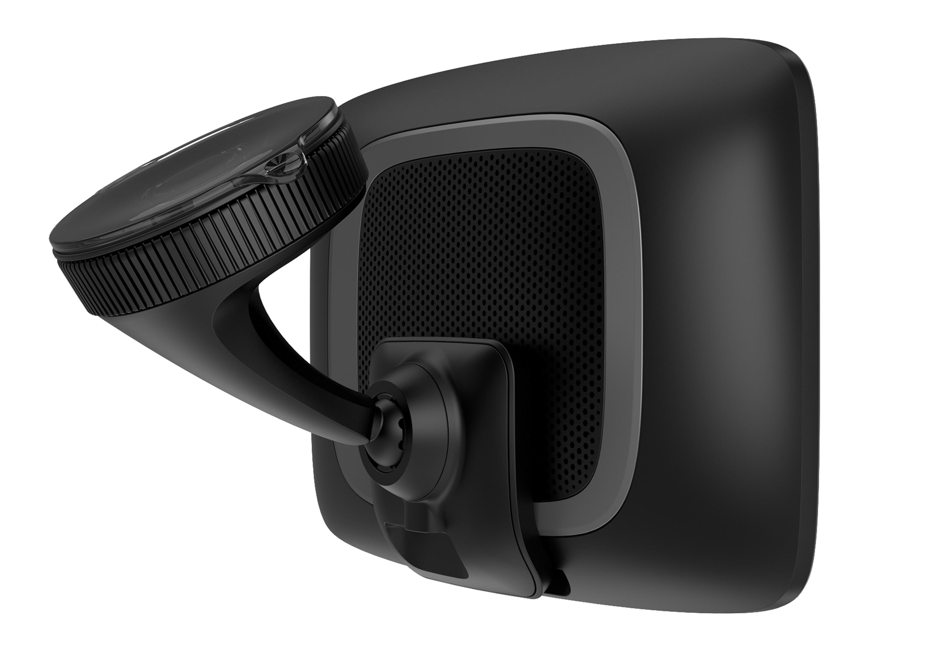 Czarne urządzenie GPS z uchwytem, widok z boku.