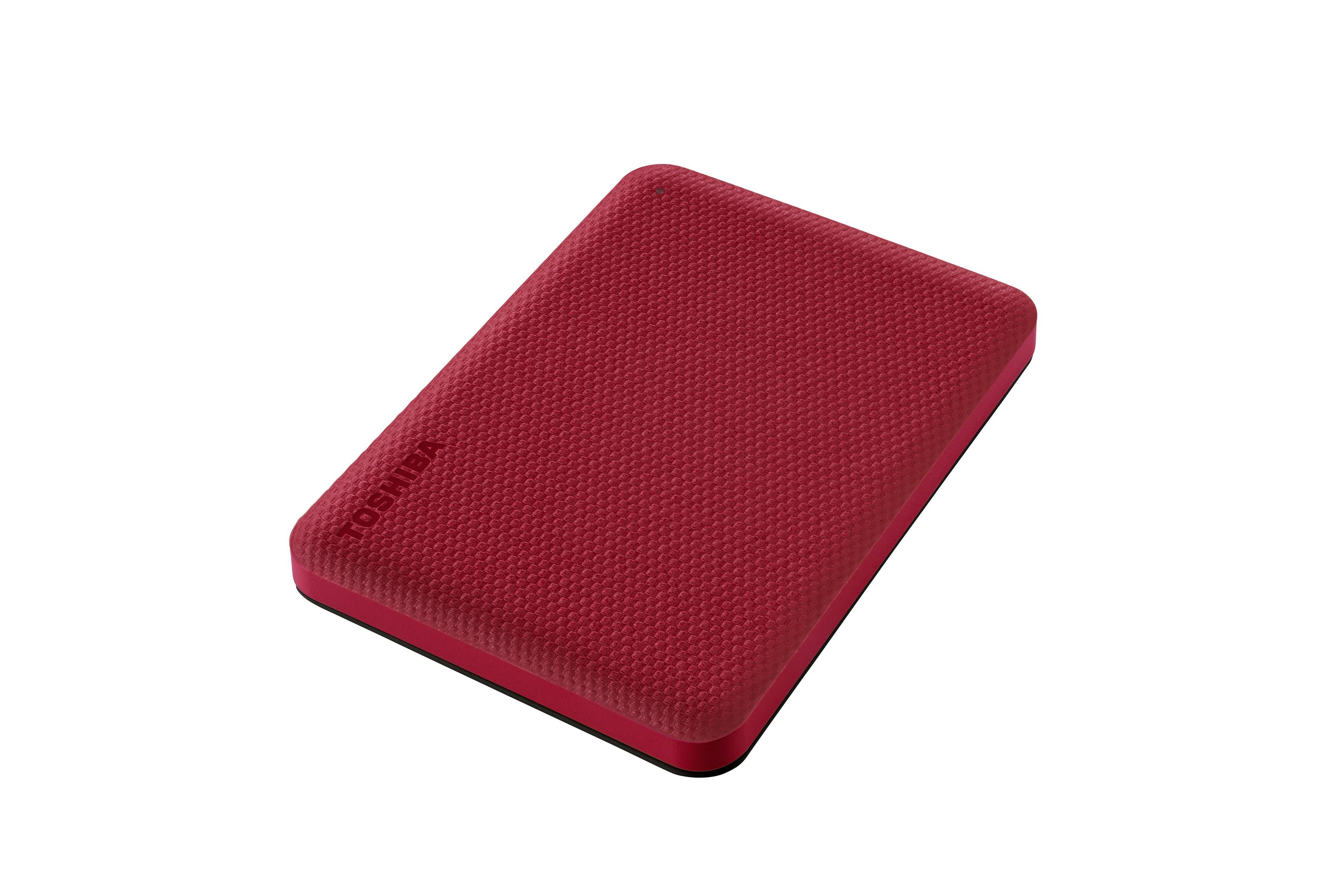 Czerwony, teksturowany zewnętrzny dysk twardy Toshiba na białym tle. Ma kształt prostokąta z zaokrąglonymi rogami.