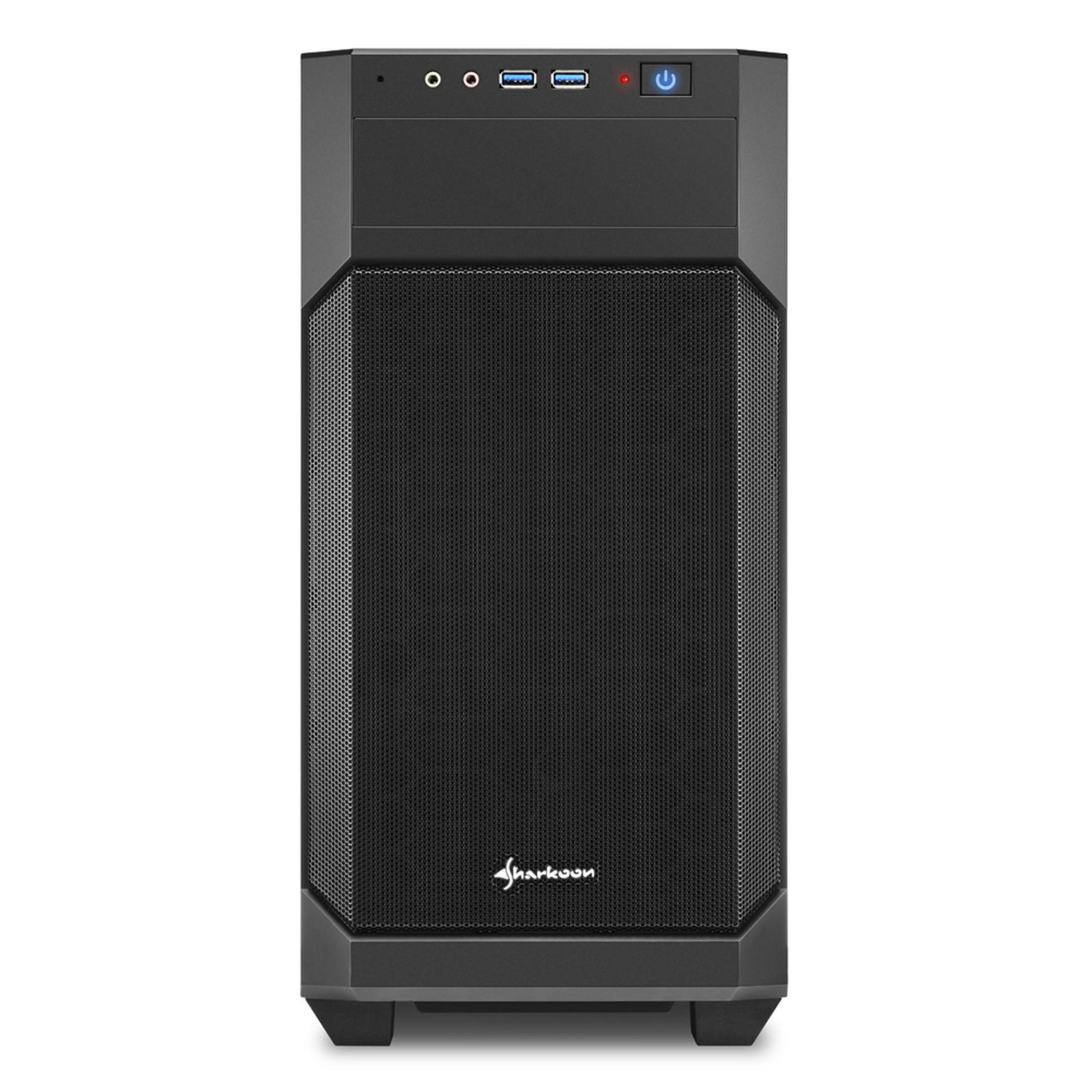 Schwarzes Computergehäuse mit Mesh-Front und Power-Button oben. Sharkoon-Logo sichtbar.