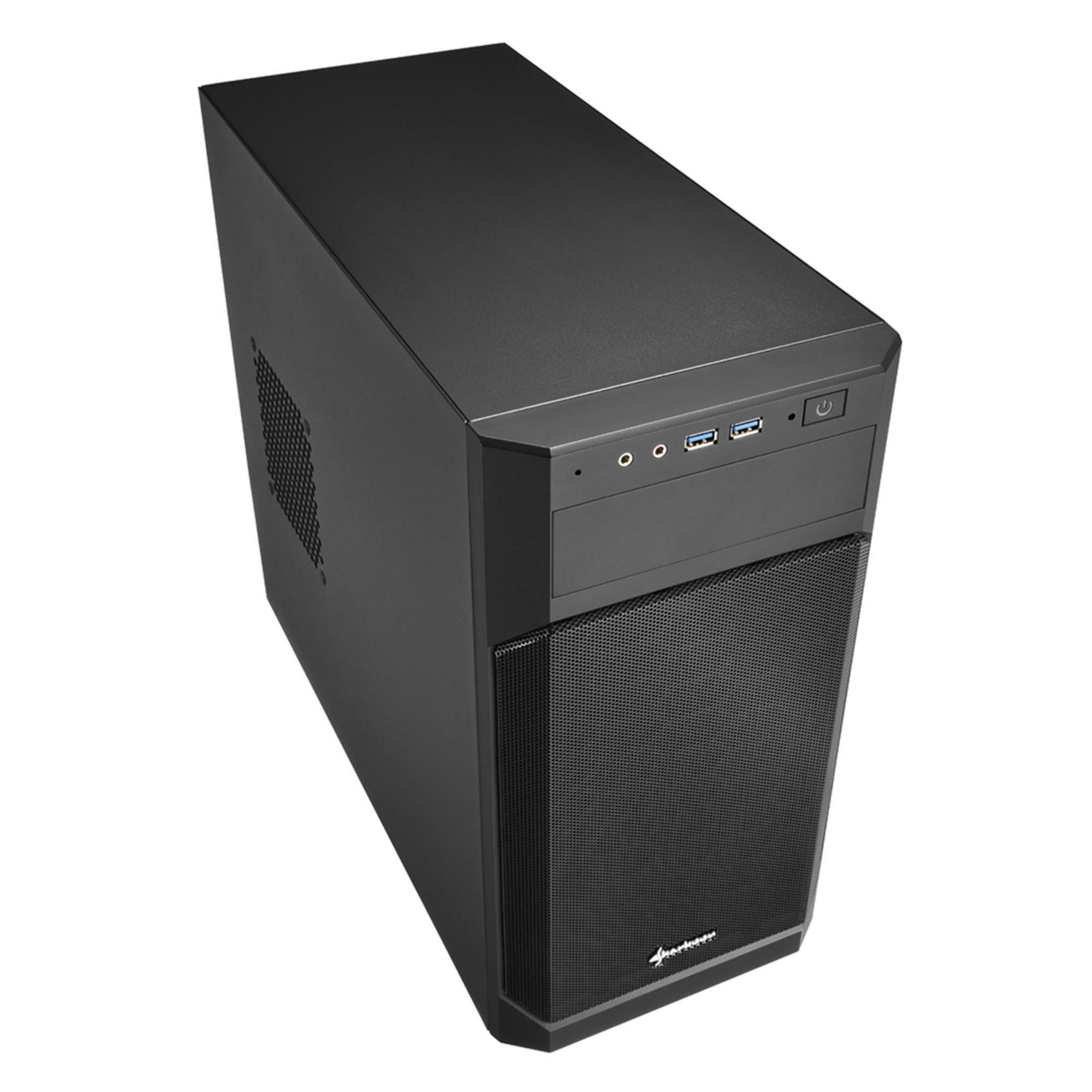 Schwarzes Computergehäuse, Draufsicht. Die Vorderseite hat Mesh und USB-Anschlüsse. Weißer Hintergrund.