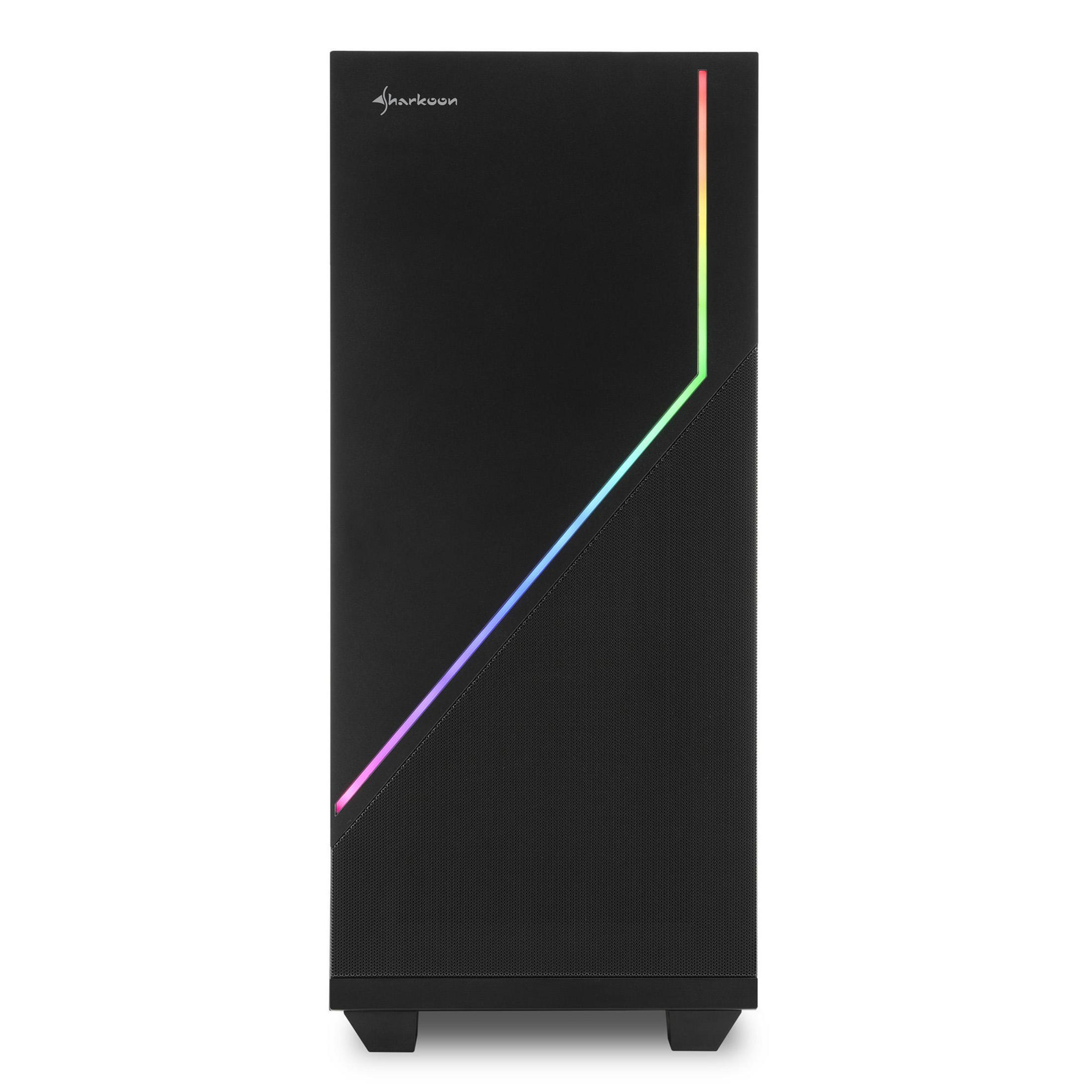 Schwarzes Computergehäuse mit einem regenbogenfarbenen Lichtstreifen. Die Vorderseite ist aus Mesh.
