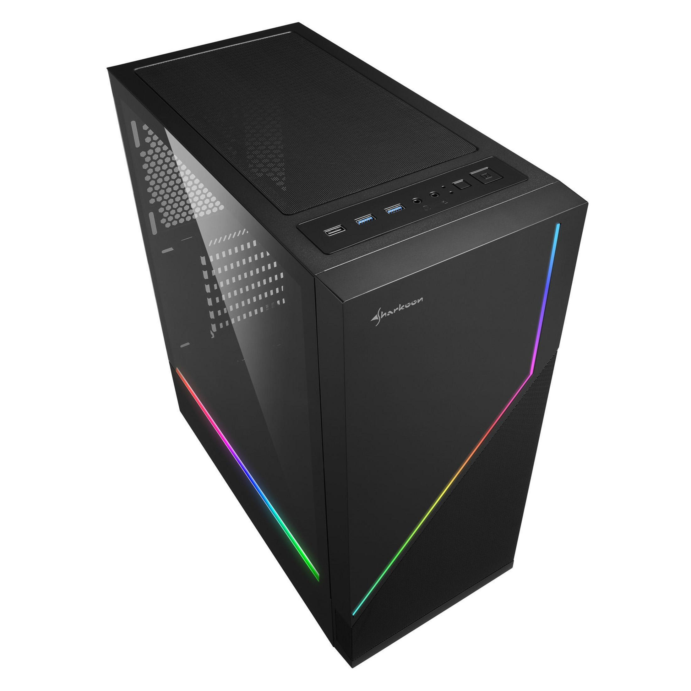 Schwarzes Sharkoon PC-Gehäuse mit RGB-Beleuchtung an der Seite. Es hat eine Seitenwand aus gehärtetem Glas. Schwarzer Hintergrund.