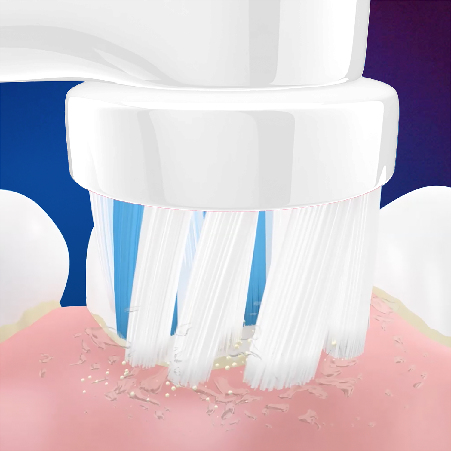 Primer plano del cabezal de un cepillo de dientes eléctrico limpiando dientes. Cerdas blancas.