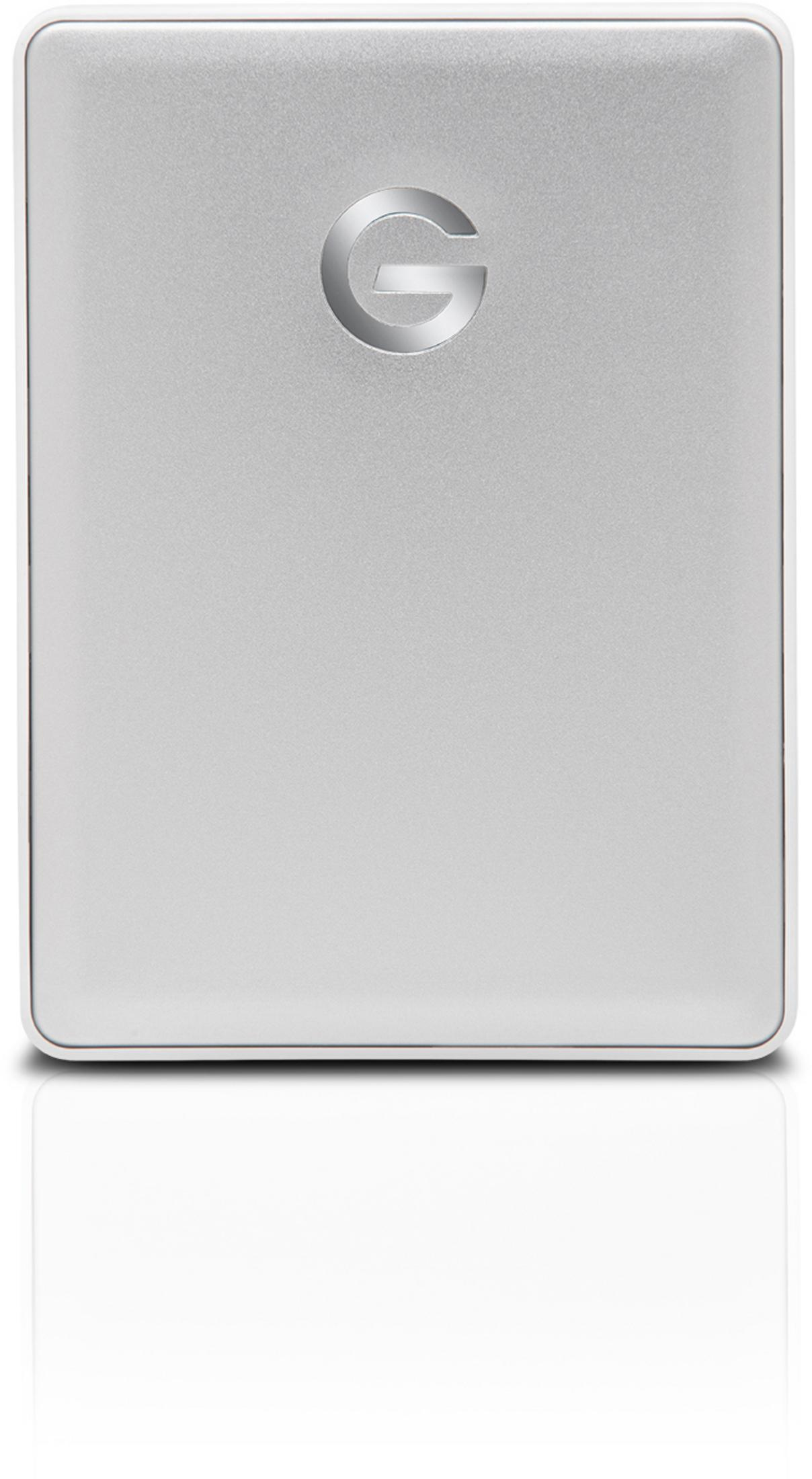 Hard disk esterno argentato con logo G su sfondo bianco.