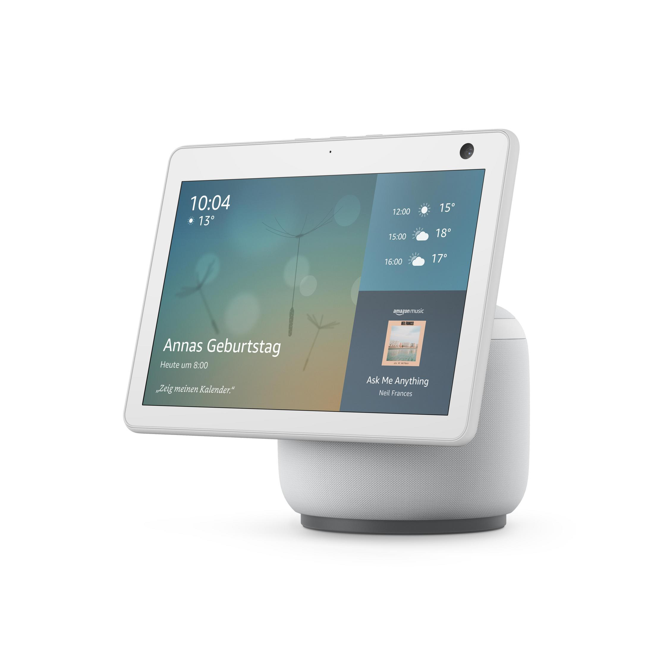 Ein weißes Amazon Echo Show-Gerät zeigt einen Bildschirm mit Datum, Uhrzeit und einem Kalender an.
