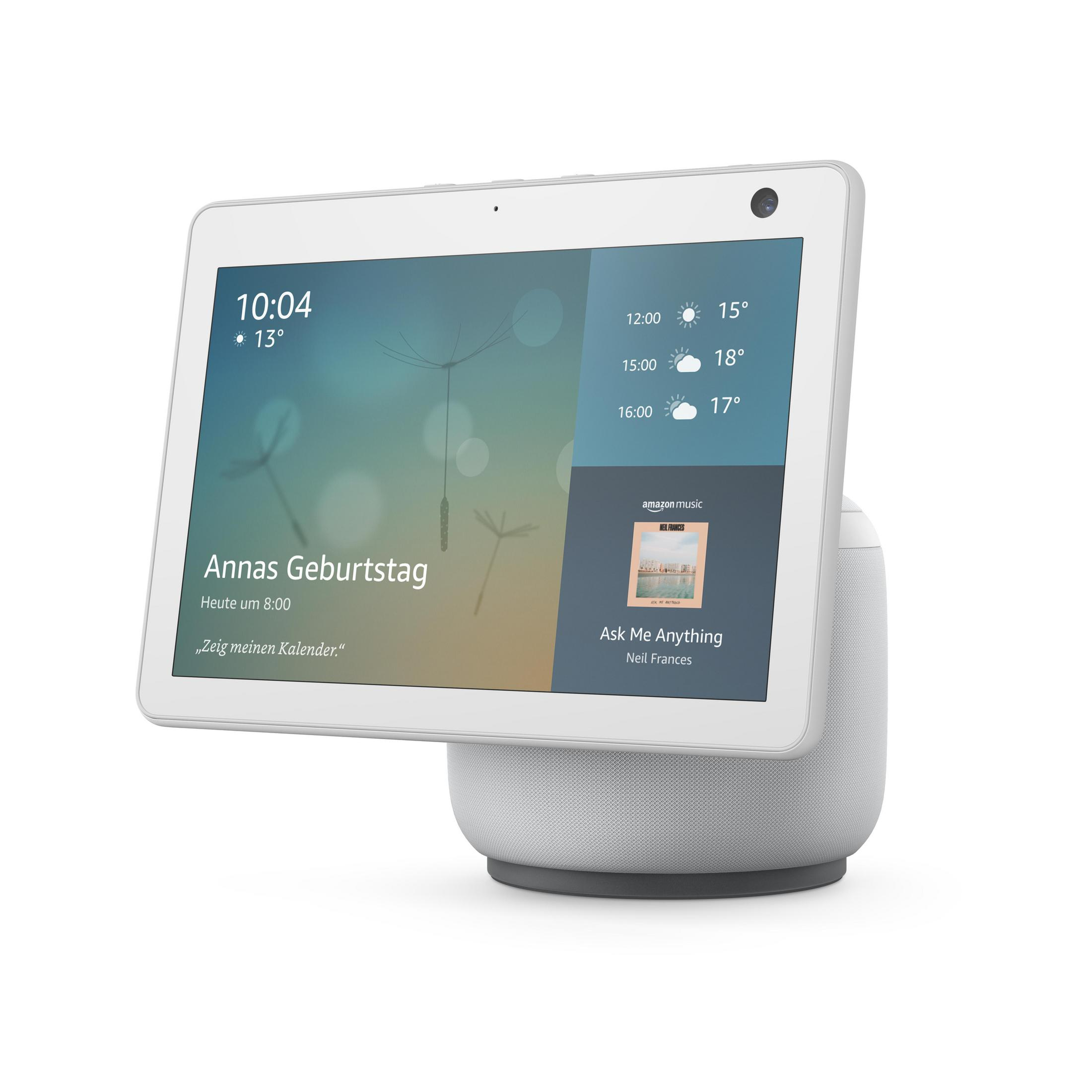 Ein Amazon Echo Show Smart Display. Es zeigt einen Kalender und Wetterinformationen auf dem Bildschirm.