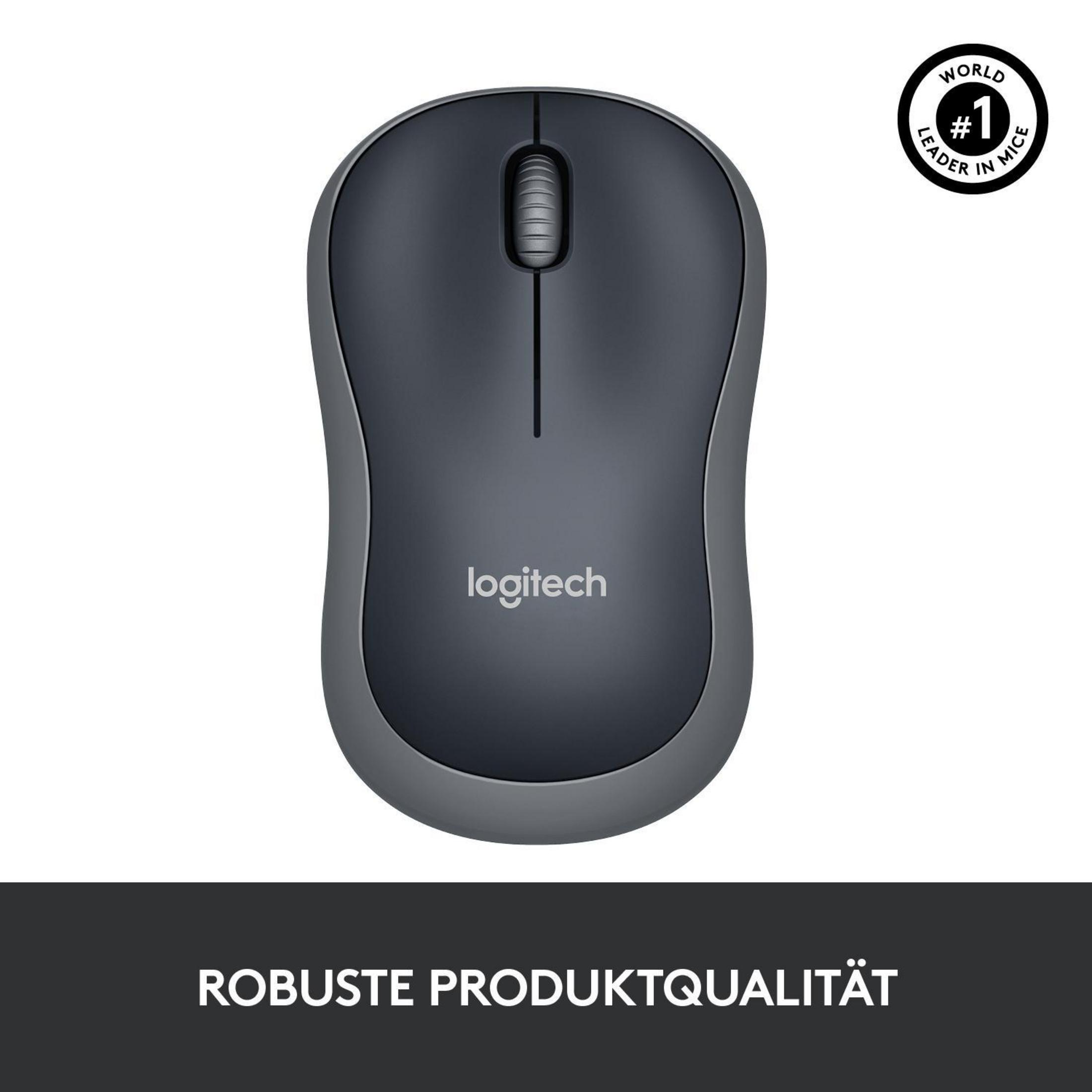 Ciemnoszara mysz Logitech. Mysz ma kółko przewijania i logo Logitech.