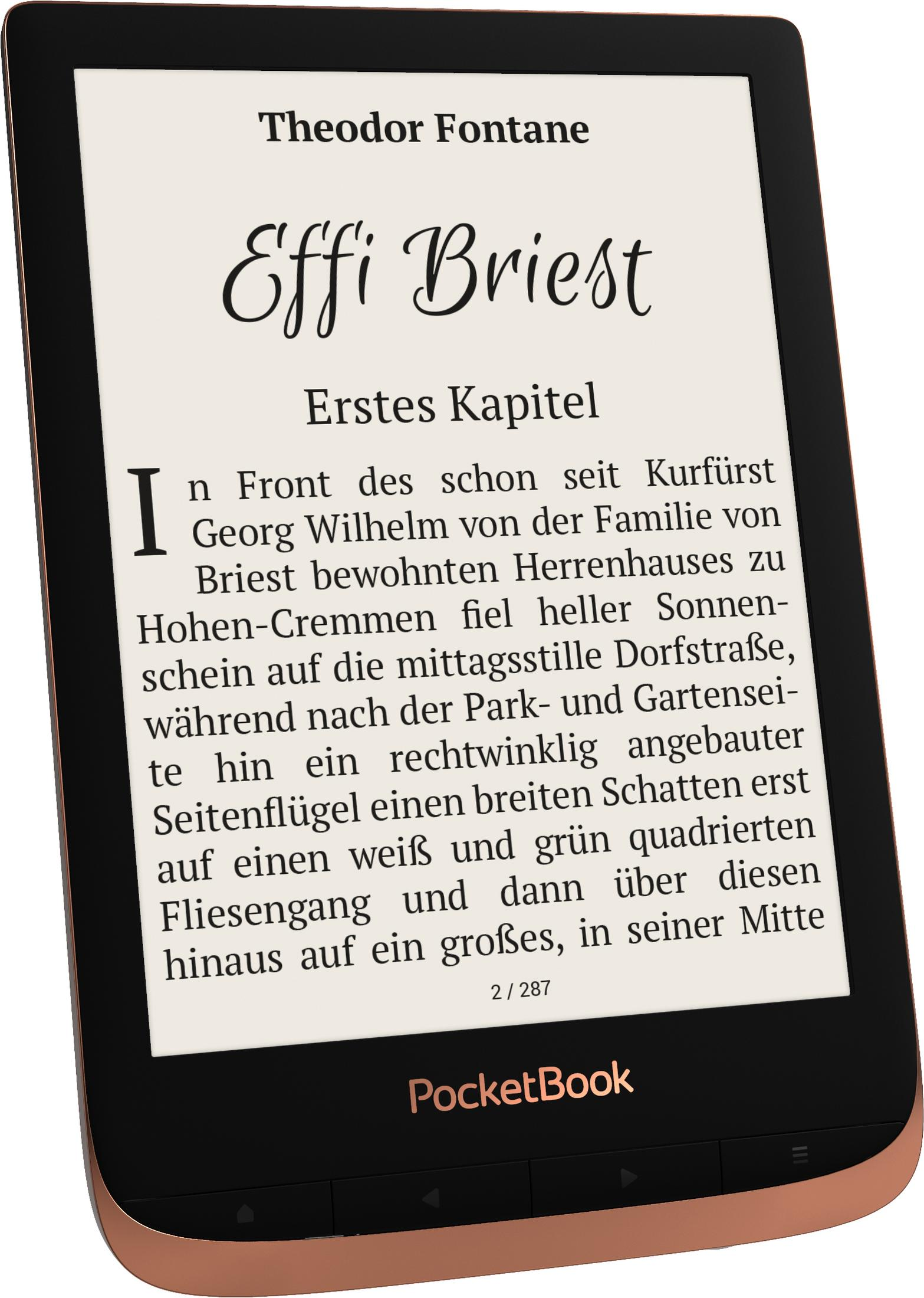 Ein E-Reader, der Text aus 'Effi Briest' von Theodor Fontane anzeigt. Es ist in einem Gehäuse.