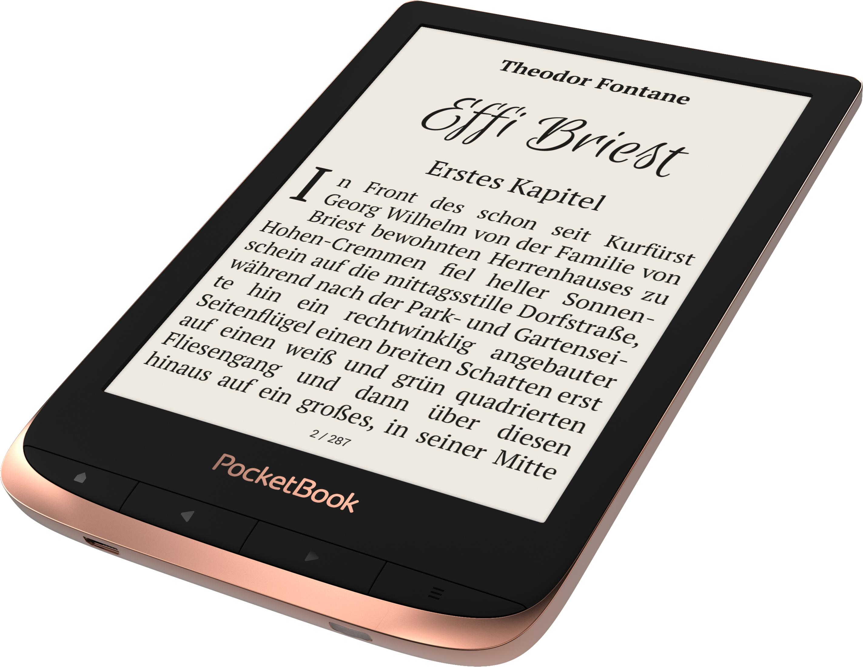 Ein E-Reader mit roségoldenem Rahmen, der Text aus einem Buch anzeigt, weißer Hintergrund.