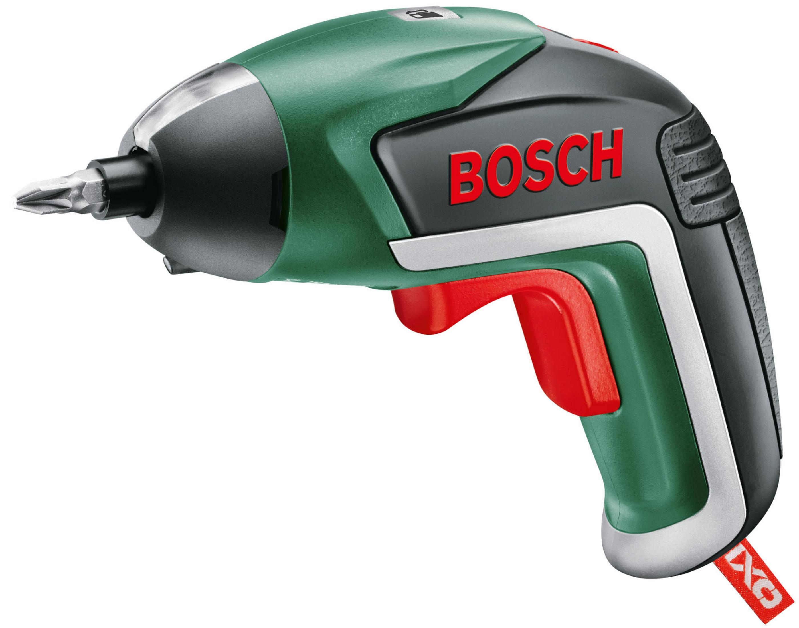 Grüner und schwarzer elektrischer Bosch-Schraubendreher mit roter Taste und silbernem Bit.