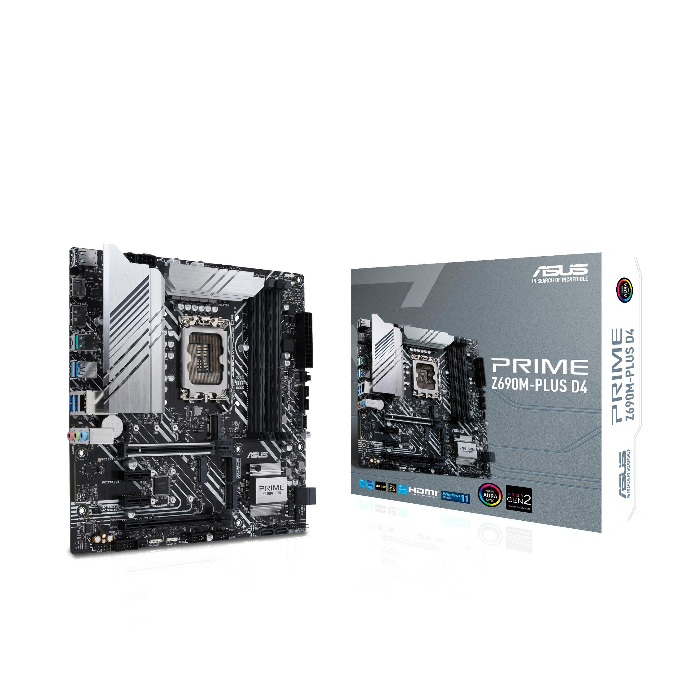Una scheda madre ASUS e la sua scatola. La scheda è argento e nera e la scatola contiene dettagli.