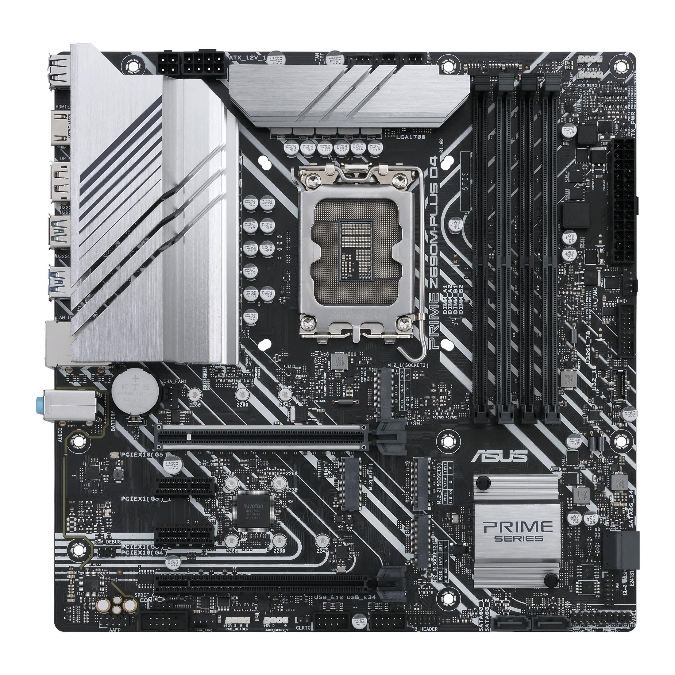 Scheda madre del computer con componenti, che mostra socket CPU, slot RAM e varie porte. Nero e argento.