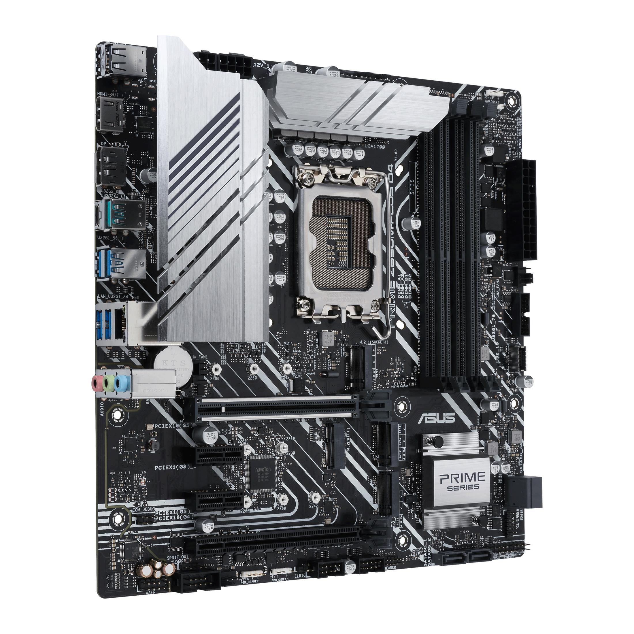 Una scheda madre per computer con vari componenti. Sono visibili dettagli argentati e il logo ASUS Prime.