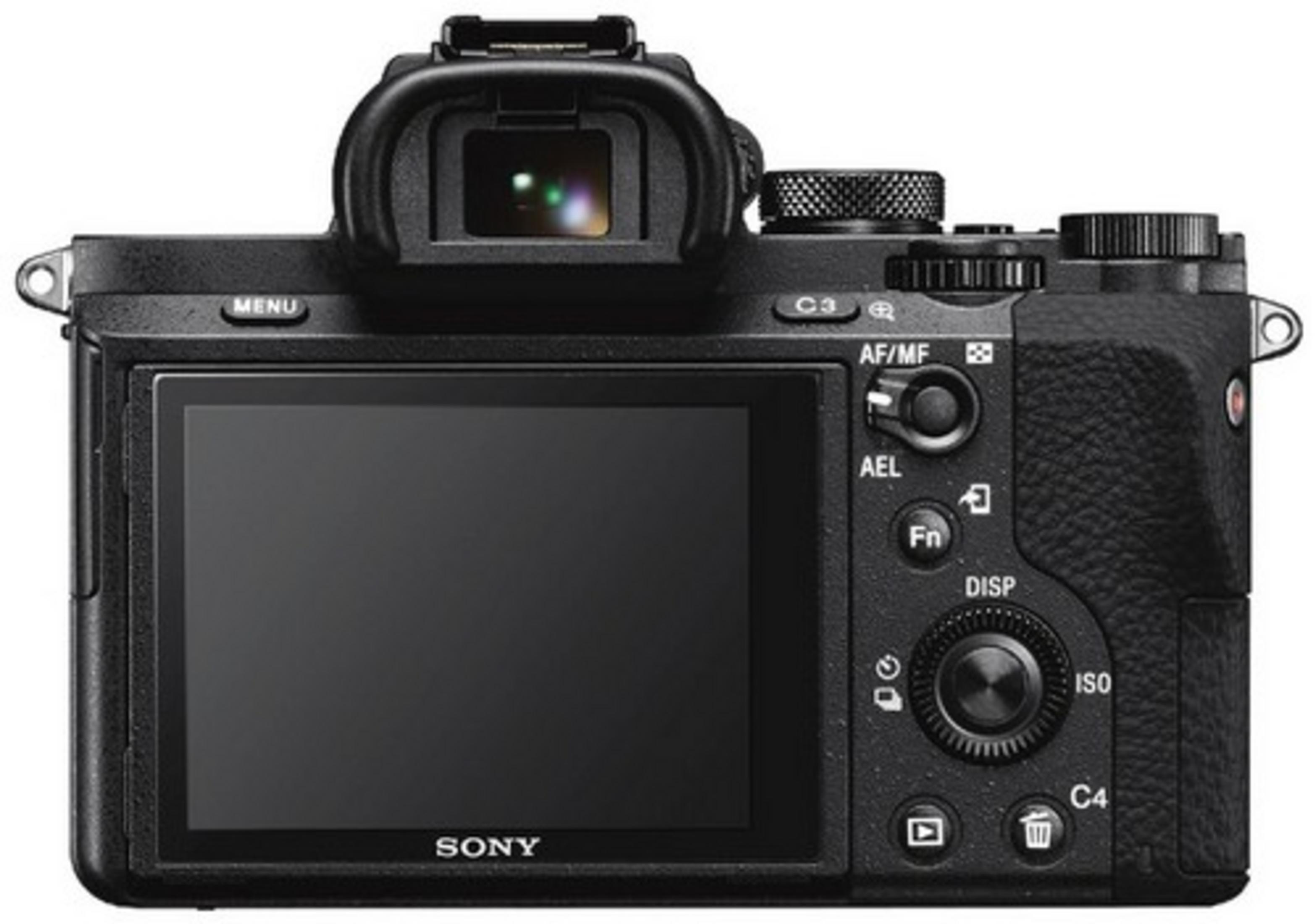 Sony spiegellose Kamera, schwarz, Rückansicht. Zeigt Bildschirm, Knöpfe, Räder und das Sony-Logo. Weiß.
