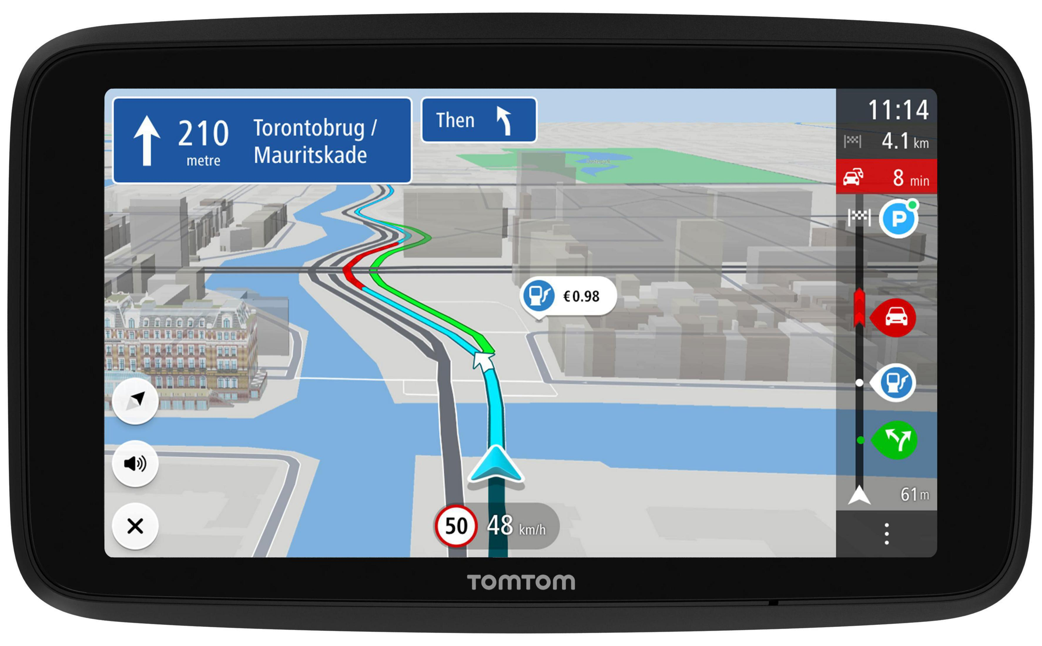 GPS-apparaat met kaart en navigatie-instructies. Zwart frame.