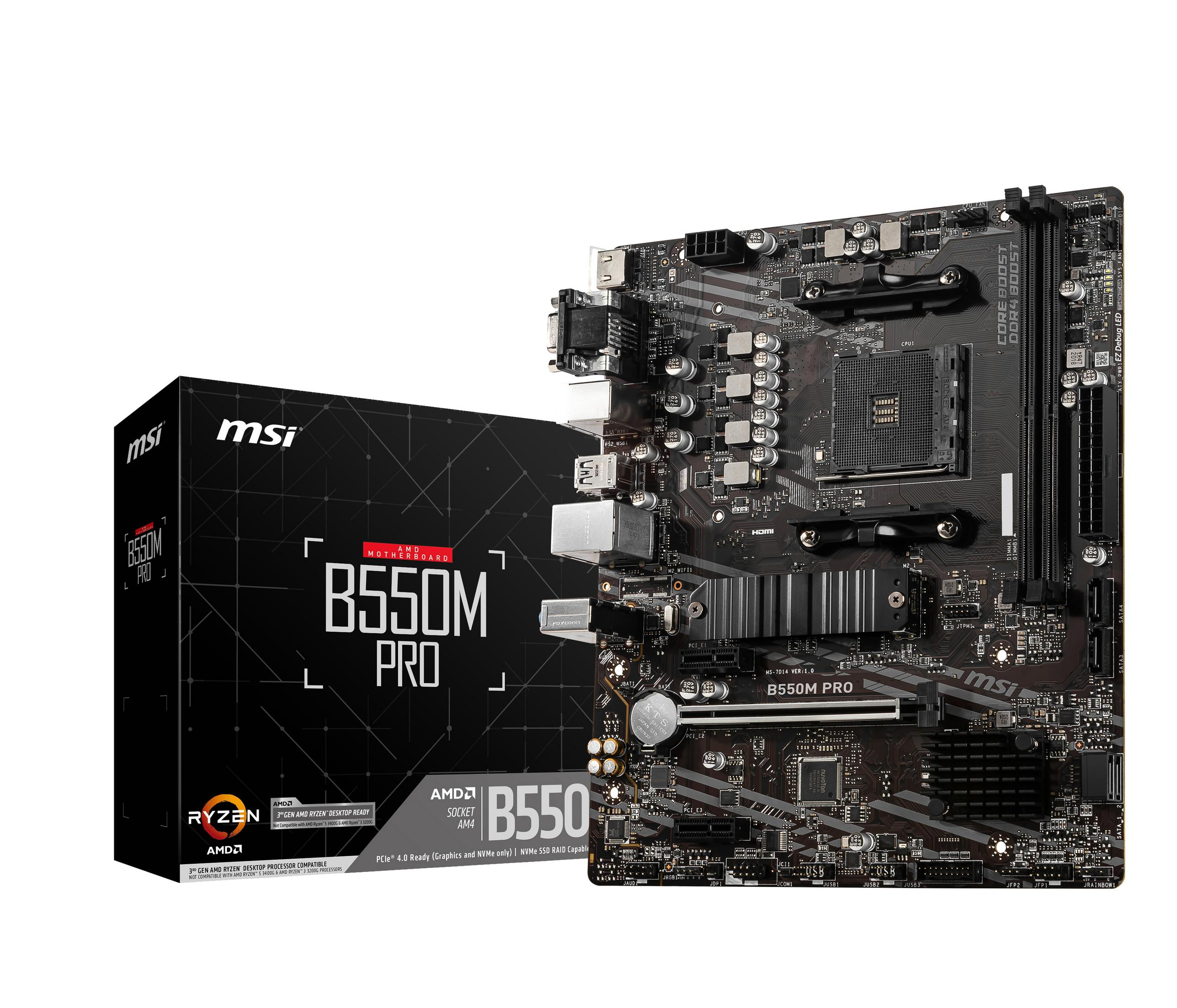 Scheda madre e scatola MSI B550M PRO, design nero e grigio. Logo AMD Ryzen presente.