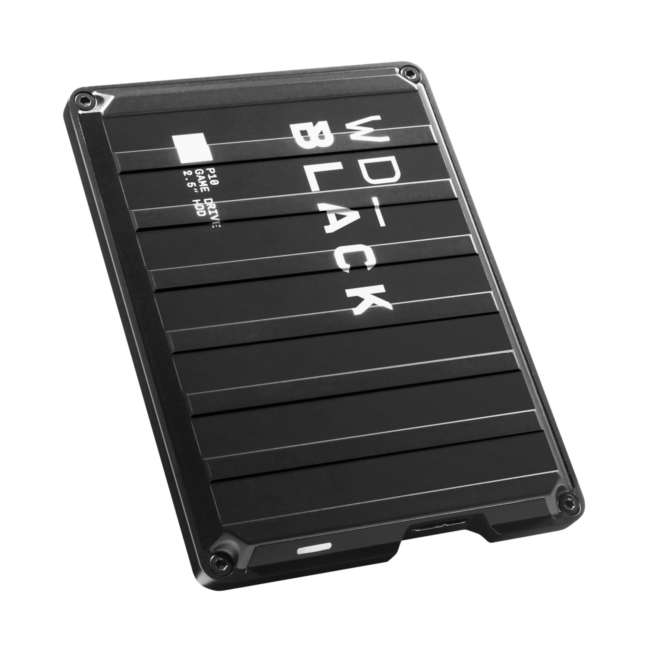 Hard disk esterno nero con superficie scanalata e logo WD_BLACK.