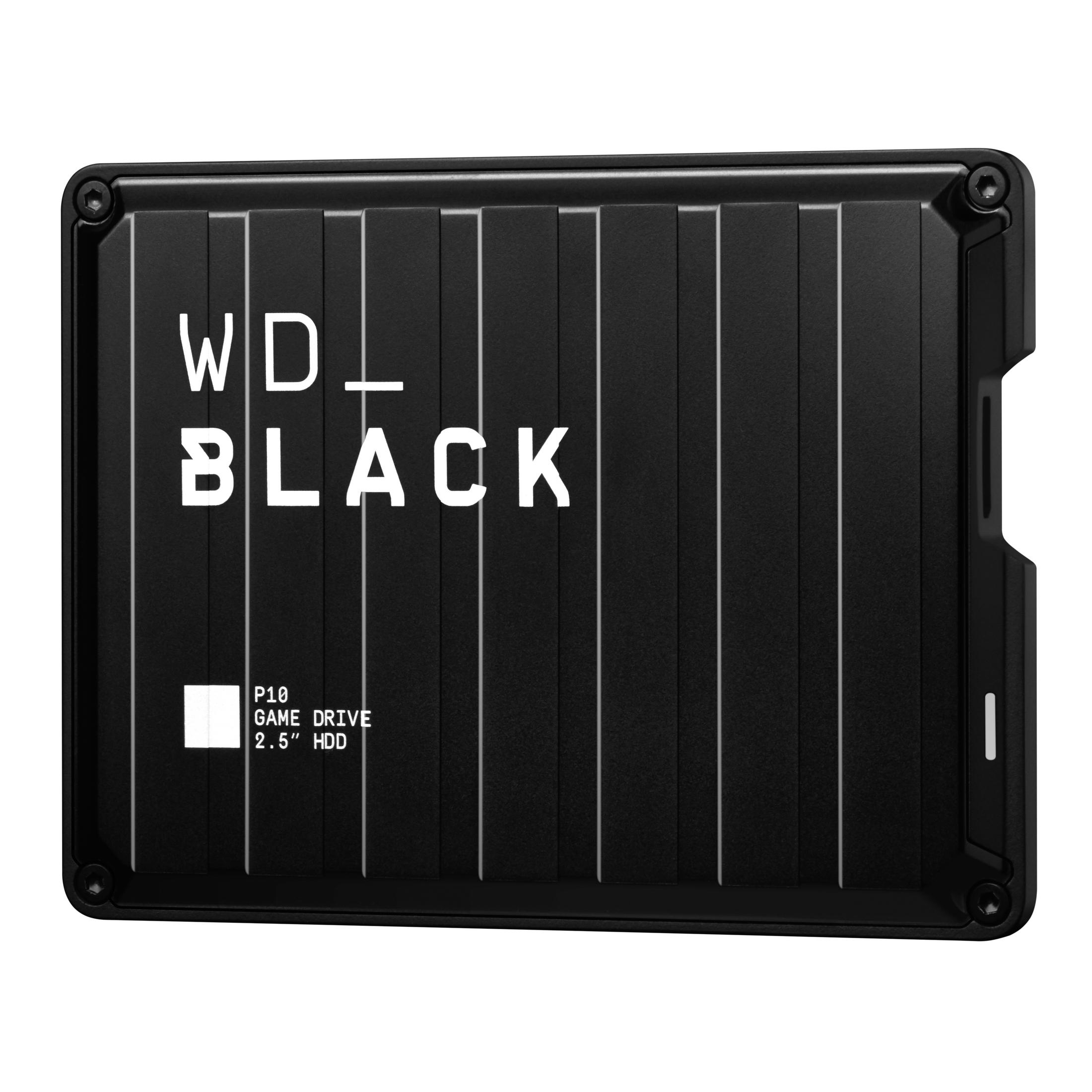 Hard disk esterno nero con linee verticali e logo bianco WD_BLACK.