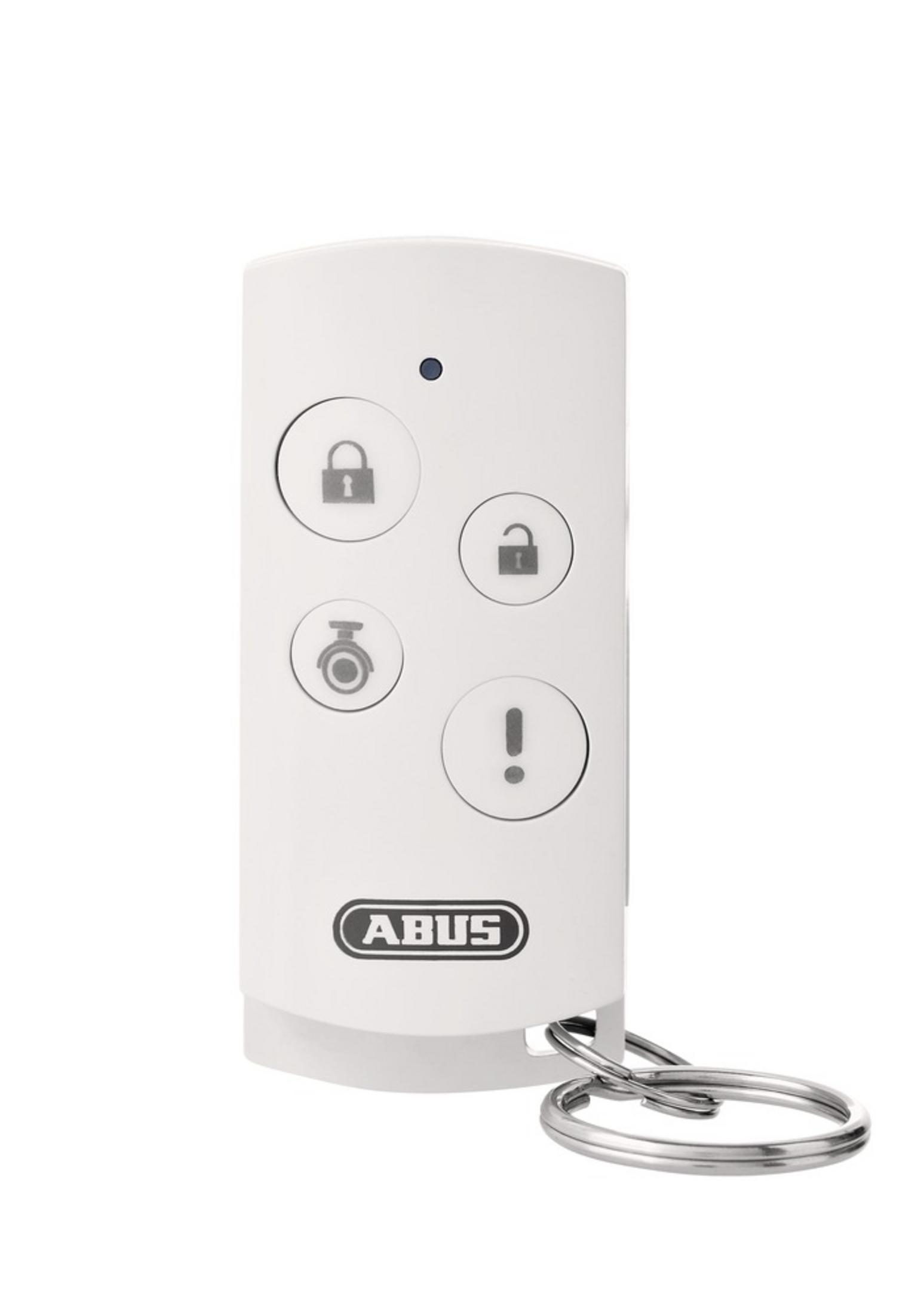 Telecomando ABUS bianco con quattro pulsanti: blocco, sblocco, una campana e un punto esclamativo, con portachiavi.