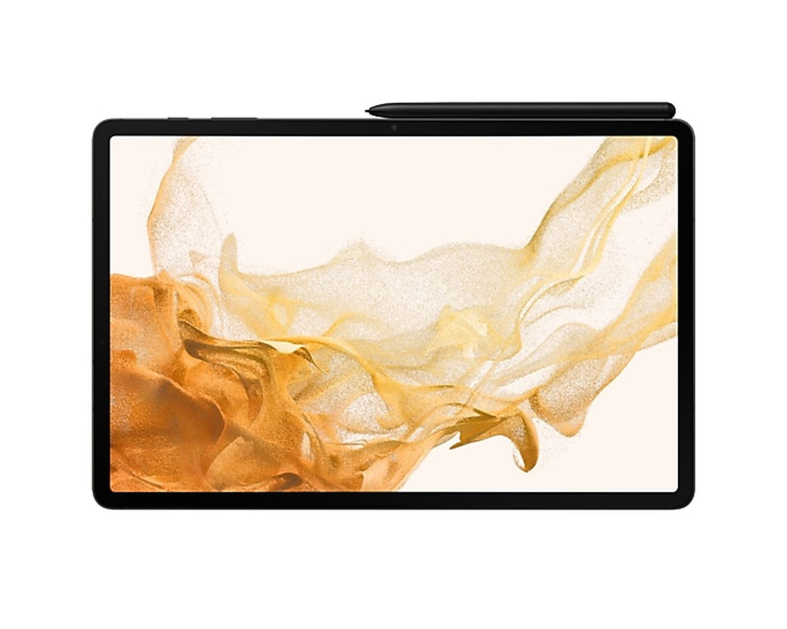 Tablet mit schwarzem Rahmen und Stift. Das Display zeigt einen farbenfrohen Hintergrund.
