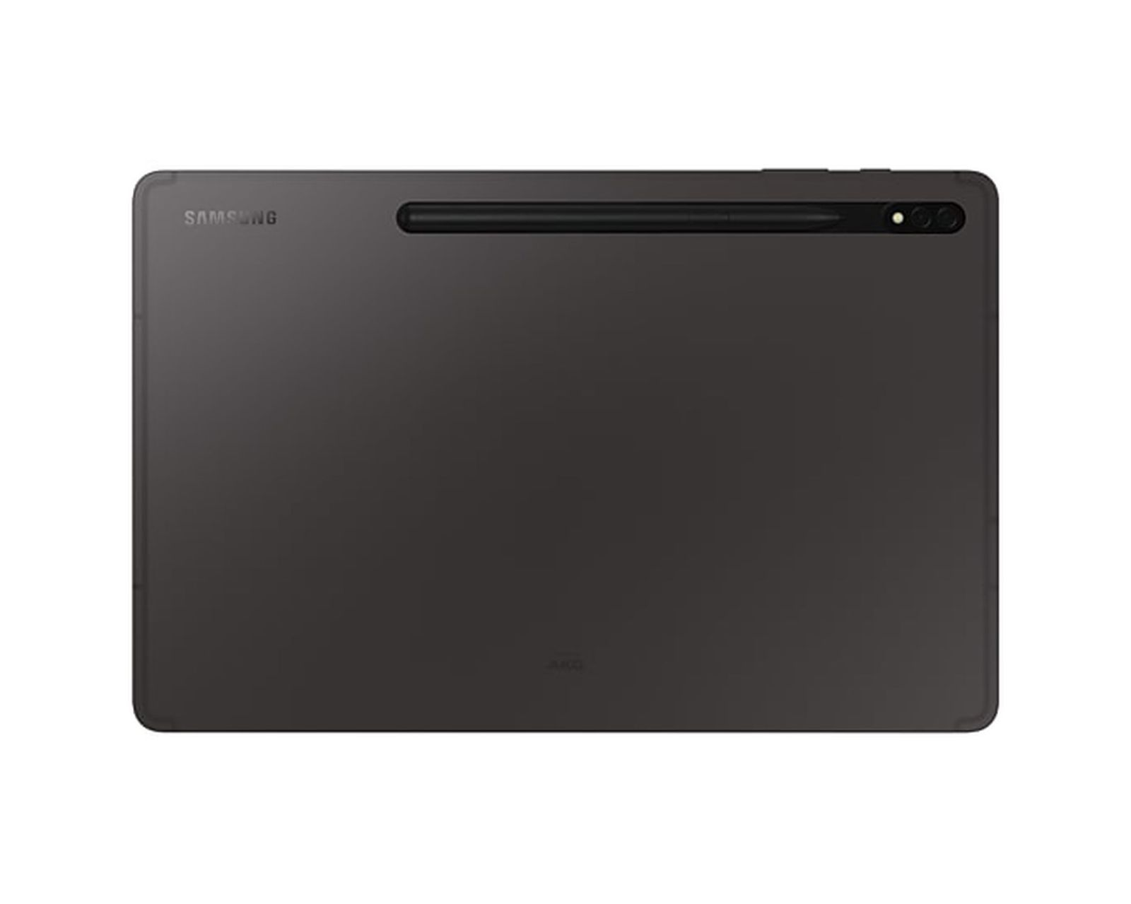 Dunkelgraues Tablet mit Stift. Samsung- und AKG-Logos sind sichtbar. Rückseite des Geräts gezeigt.
