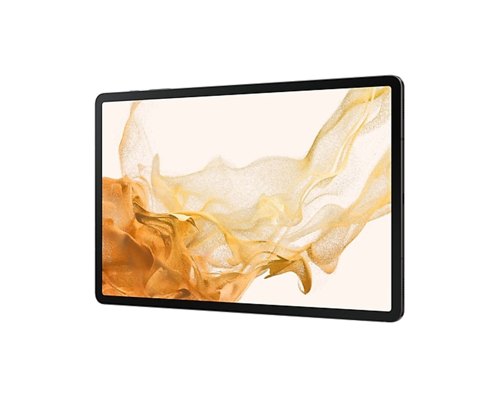 Tablet in schwarzem Rahmen, schräge Ansicht. Weißer Bildschirm mit goldenem und orangefarbenem, abstraktem Design.