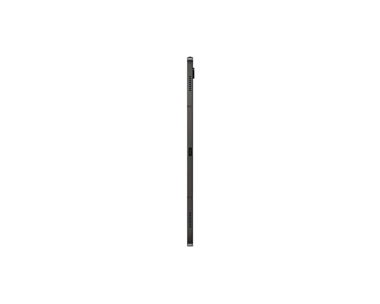 Schwarzes Tablet, Seitenansicht, auf weißem Hintergrund. Das Tablet steht aufrecht und zeigt sein schlankes Profil.