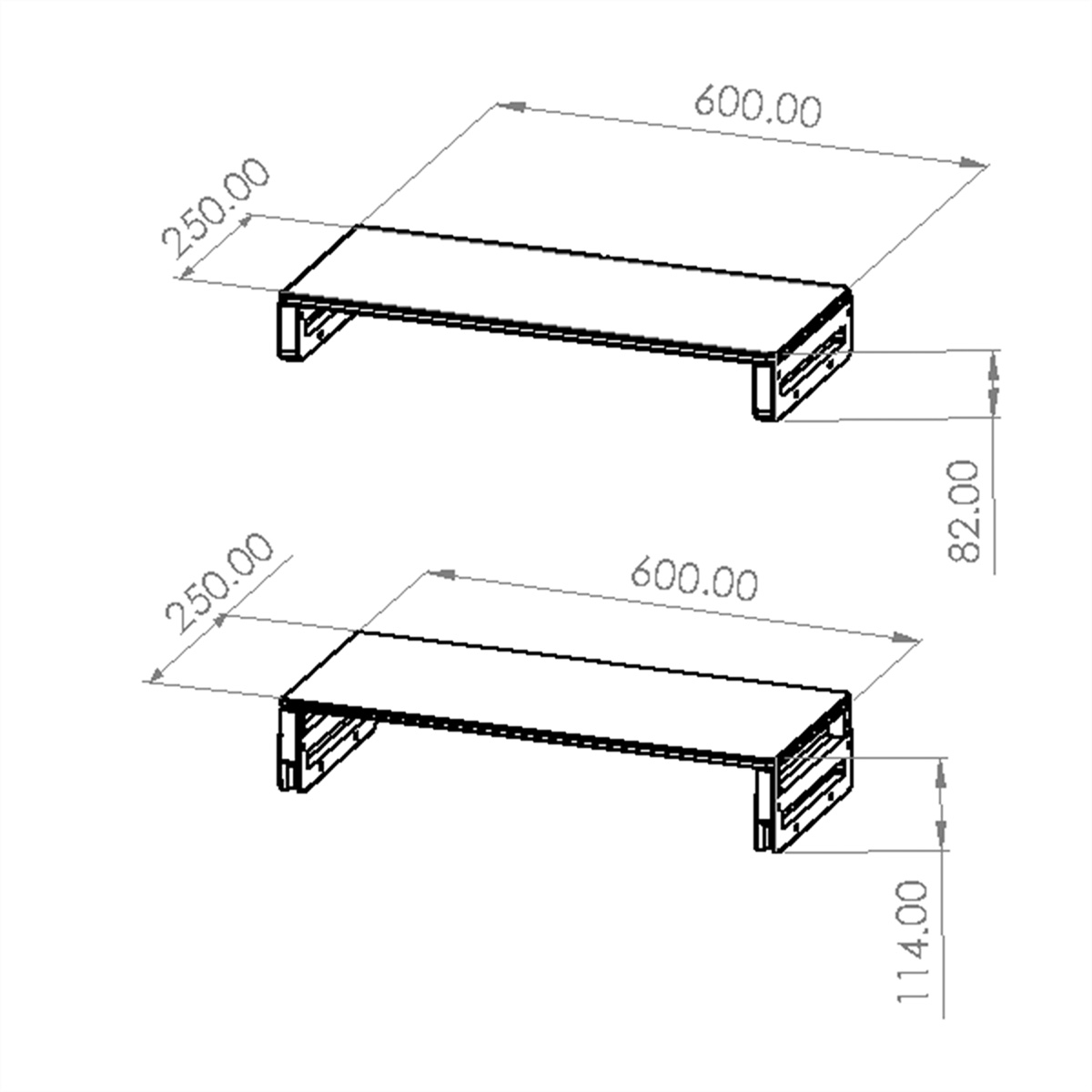 Zwei schwarze Monitorständer mit den Maßen: 250 mm, 600 mm, 82 mm und 114 mm.