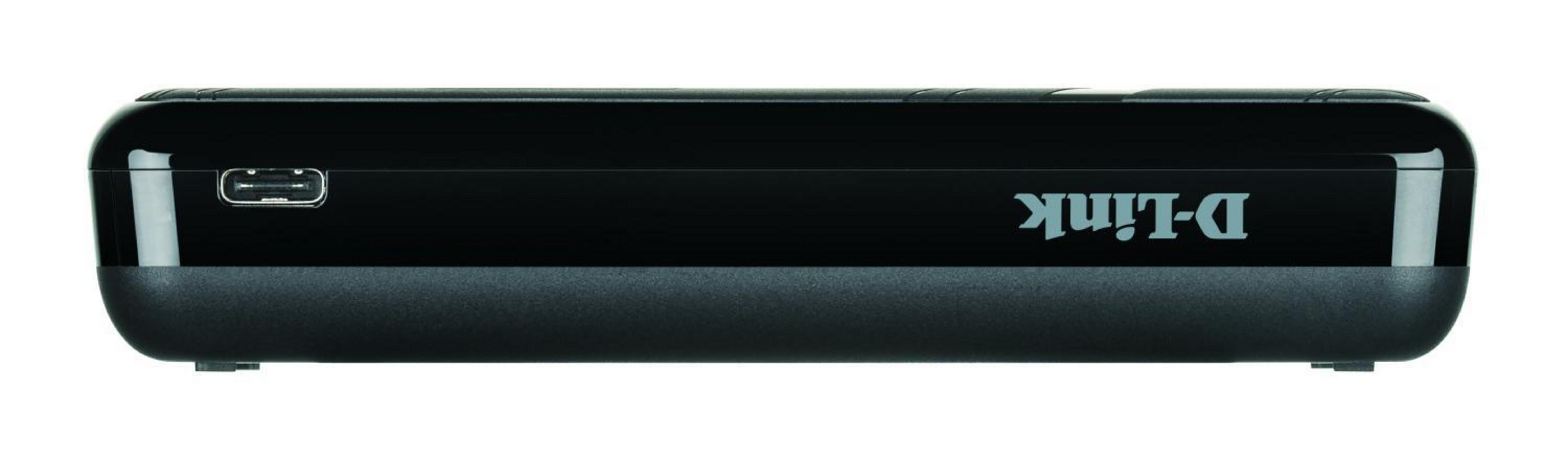 Czarny router D-Link. Prostokątny kształt z portem USB po lewej stronie i napisem D-Link po prawej.