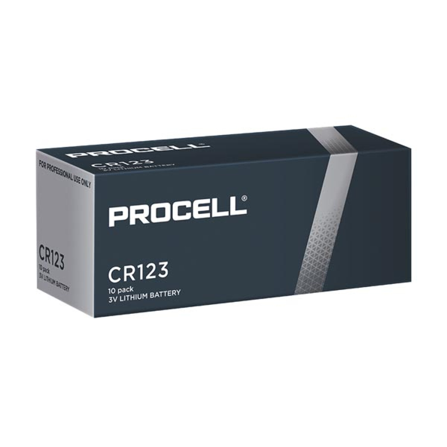Eine Schachtel mit PROCELL CR123 Lithium-Batterien. Text auf der Schachtel.