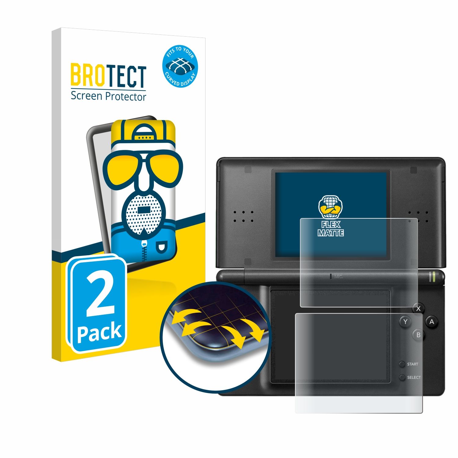 Nintendo DS mit Displayschutzfolien und Verpackung. Die Verpackung ist weiß und blau. Die DS ist schwarz.