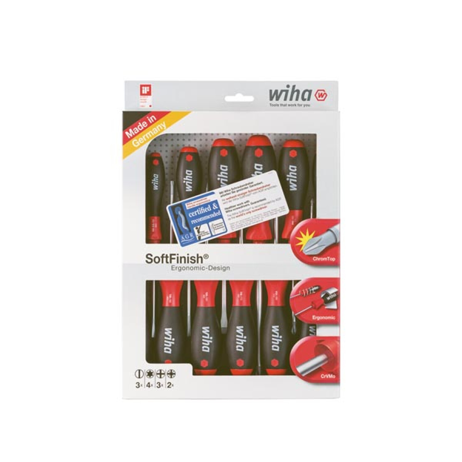 Ein Satz Schraubendreher in einer Box. Die Schraubendreher haben rot-schwarze Griffe und sind mit 'wiha' beschriftet.