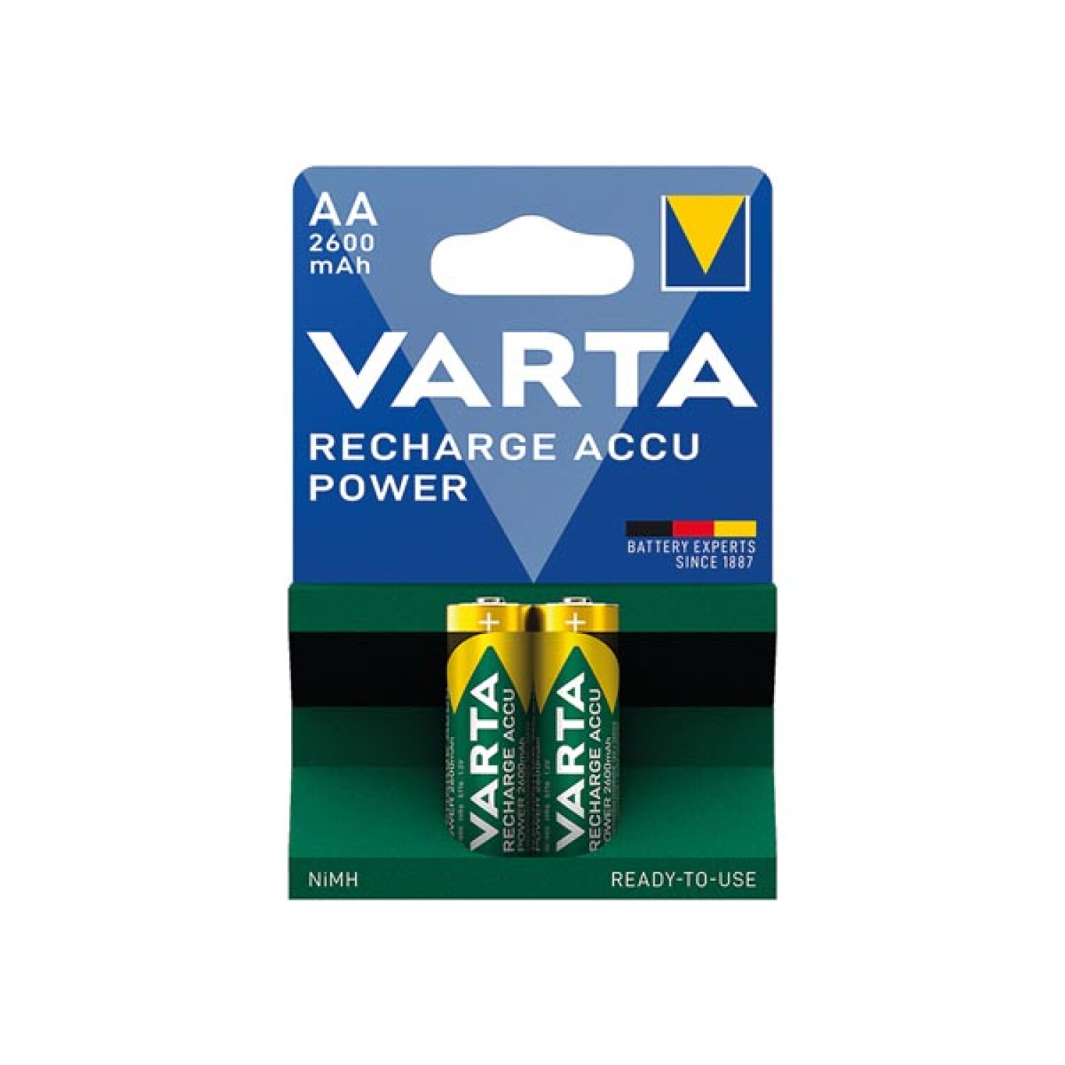 Dwie baterie AA w blistrze. Widoczna etykieta VARTA Recharge Power.