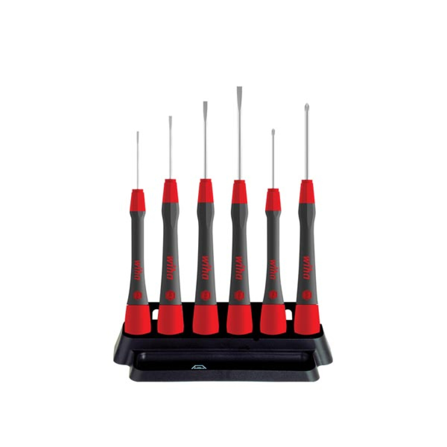 Zestaw precyzyjnych śrubokrętów. Czarne podstawy z czerwonymi uchwytami, różne kształty ostrzy i logo Wiha.