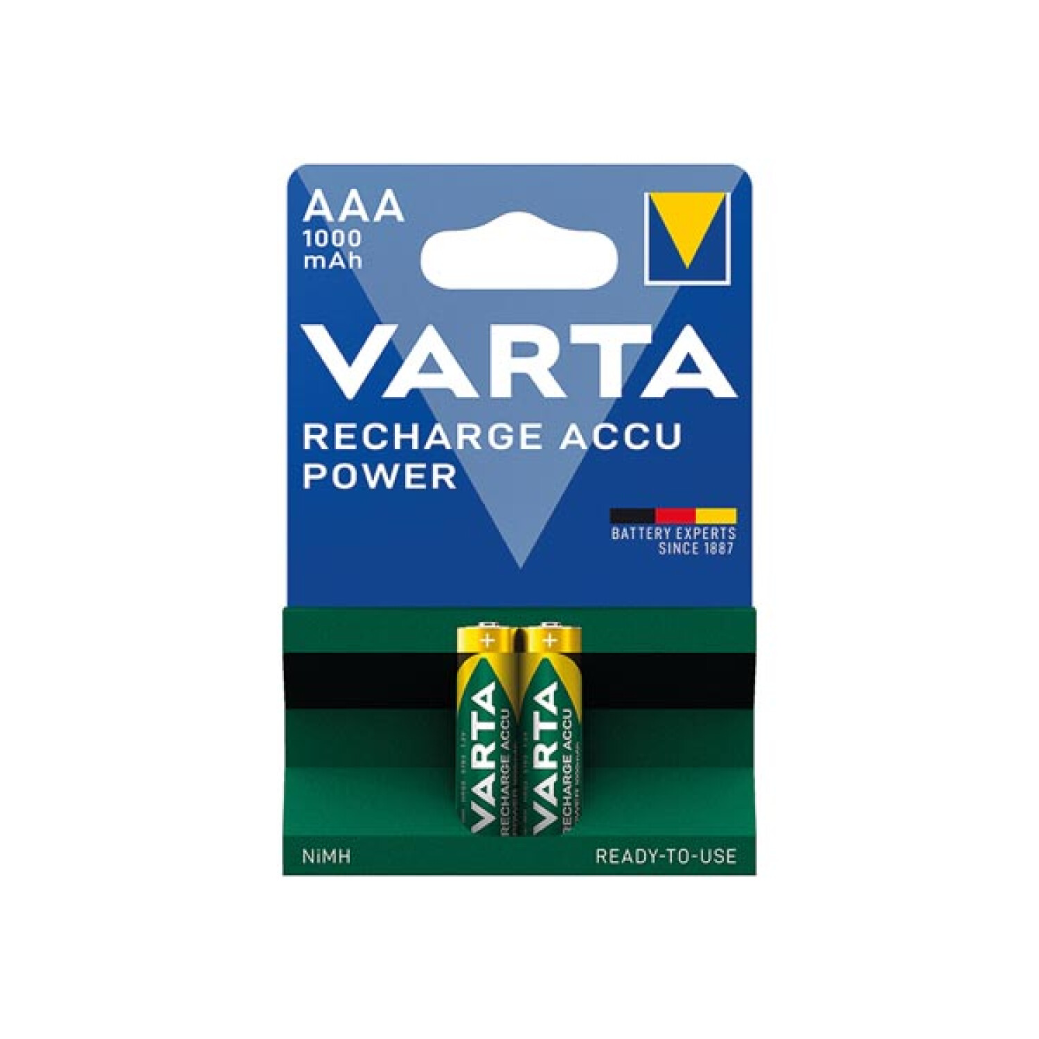 Varta AAA oplaadbare batterijen in een groen-blauwe verpakking. De achtergrond is wit.
