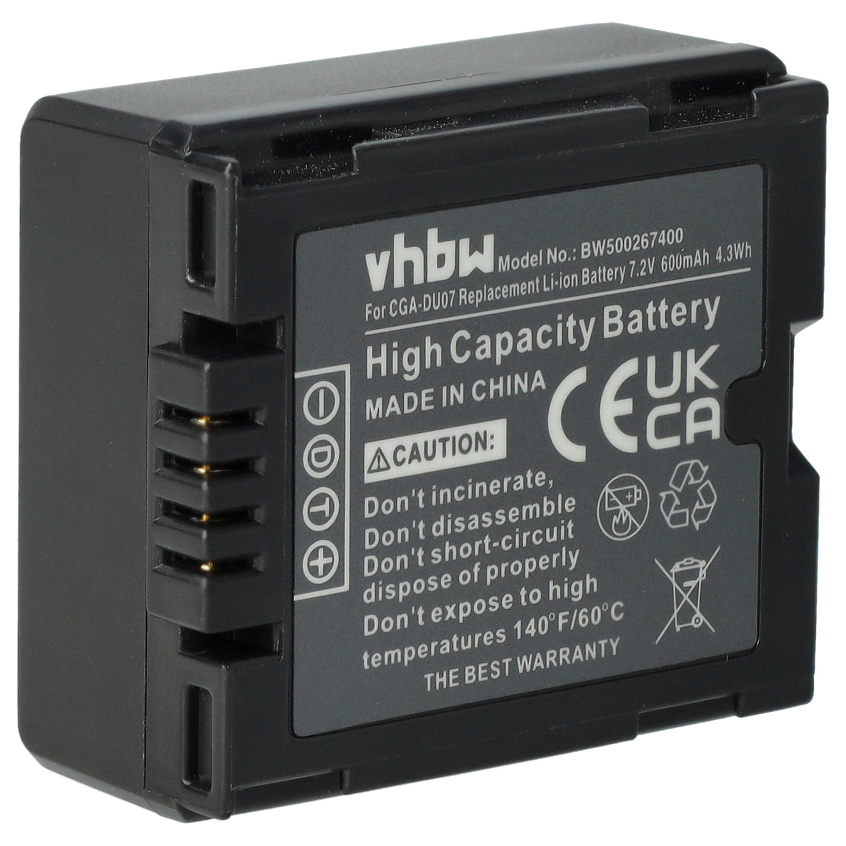 Schwarze vhbw Hochleistungsbatterie. Sie hat Warnhinweise und ein CE-Zeichen. Die Modellnummer ist sichtbar.