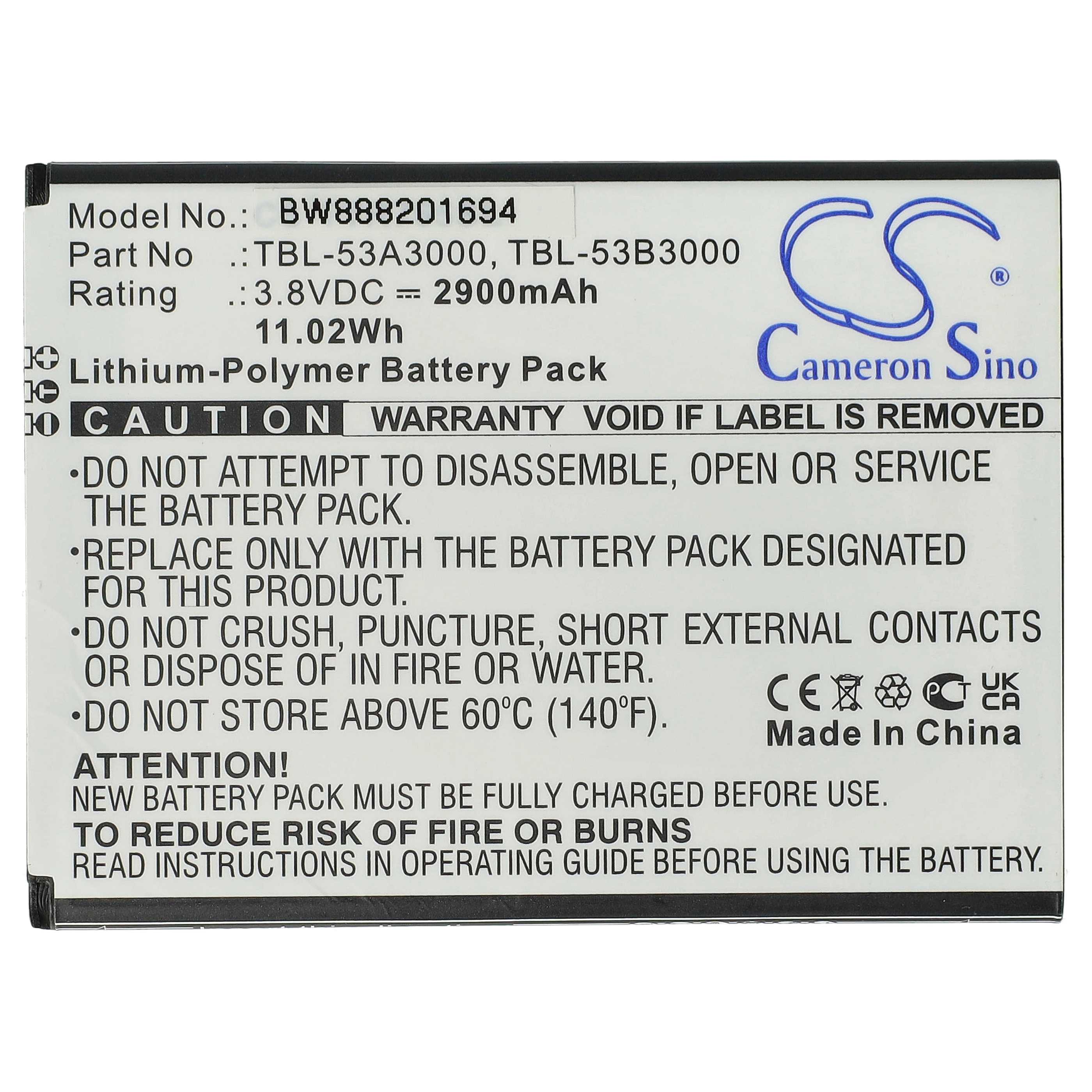 Ein weißes Batterieetikett mit Text, der Modell, Teilenummer und Warnungen detailliert.