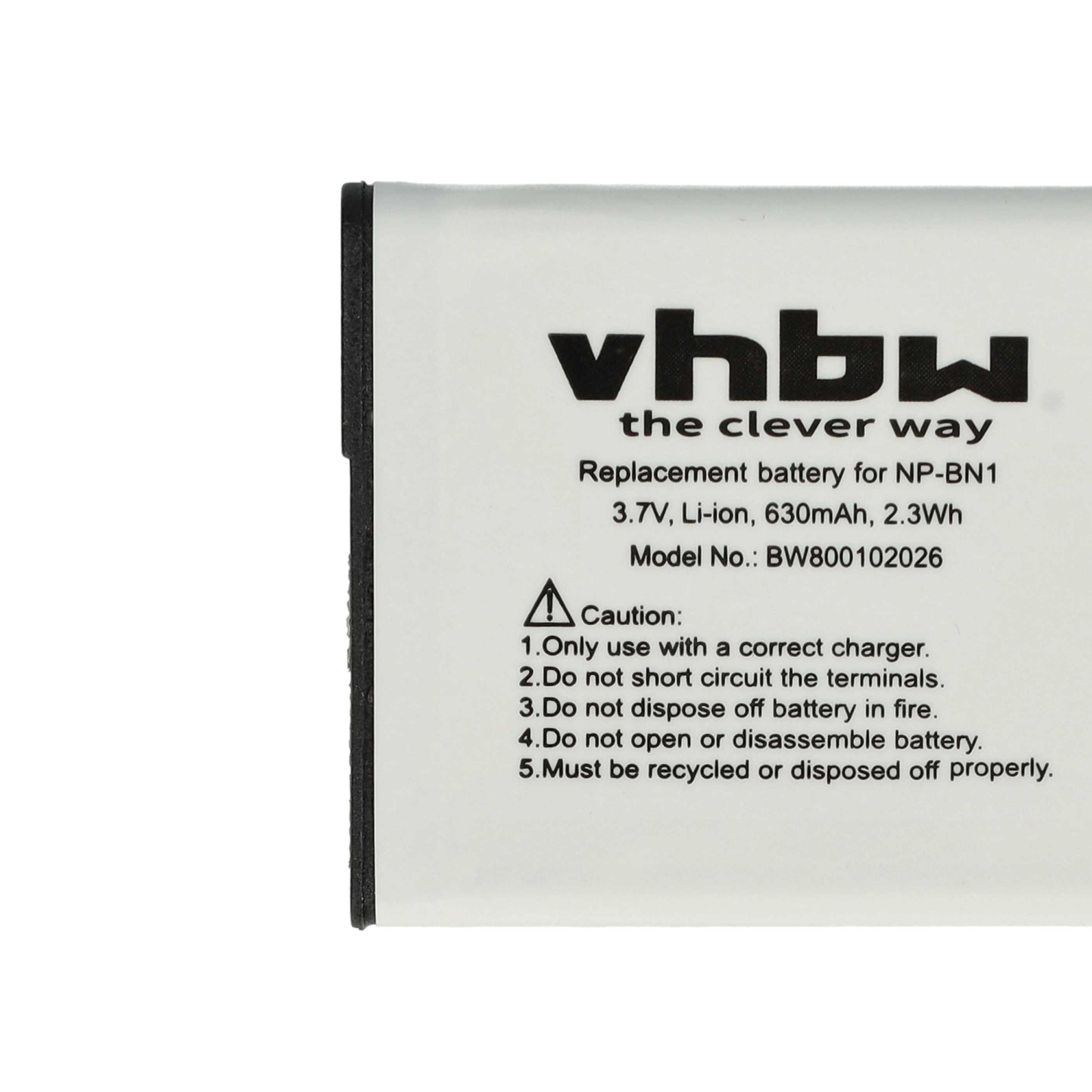 Weißes Batterieetikett mit schwarzem Text: 'vhbw the clever way', Spezifikationen und Warnungen.
