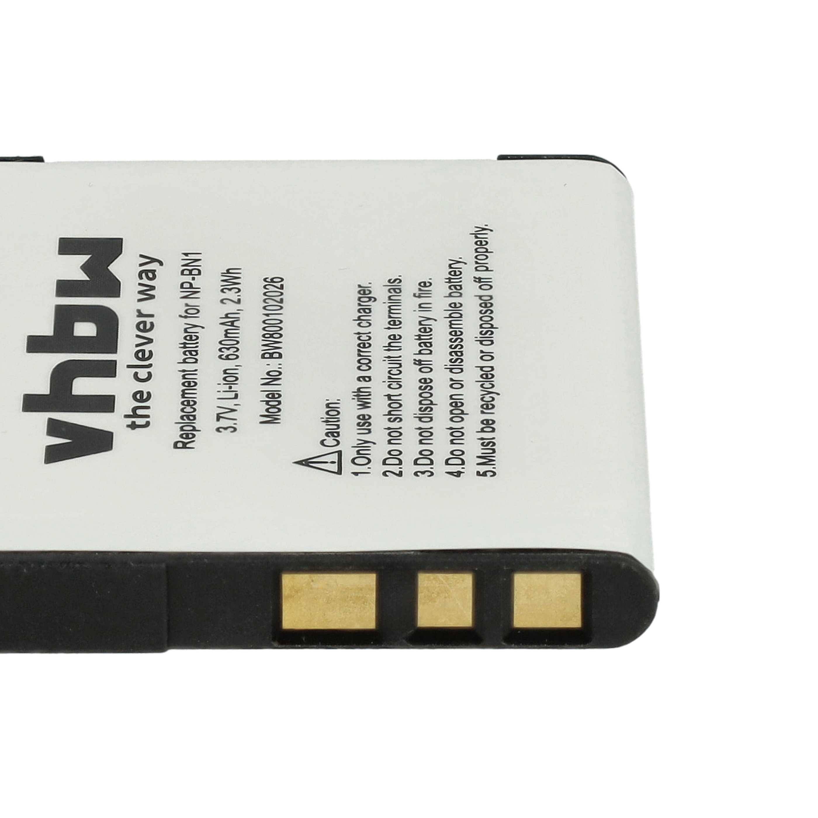 Weiße Batterie mit schwarzen und goldenen Kontakten. Text: Ersatzbatterie für NP-BN1. Achtung: Nicht kurzschließen usw.