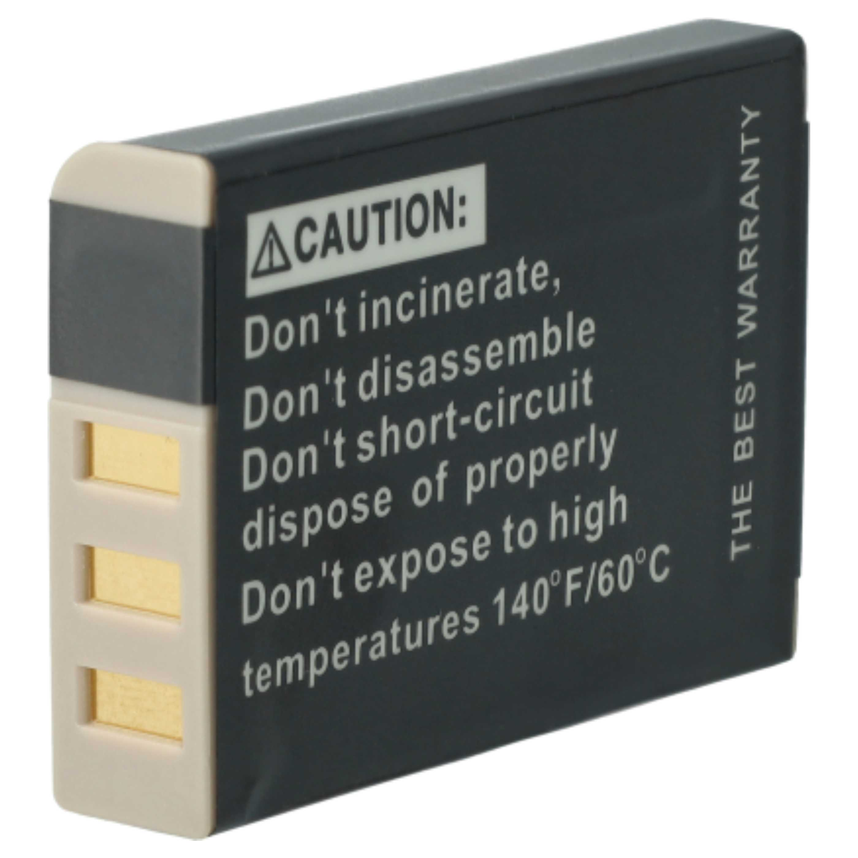 Schwarze Batterie mit Warnhinweisen. Beige und goldene Kontakte. Text: Nicht verbrennen, zerlegen, kurzschließen usw.