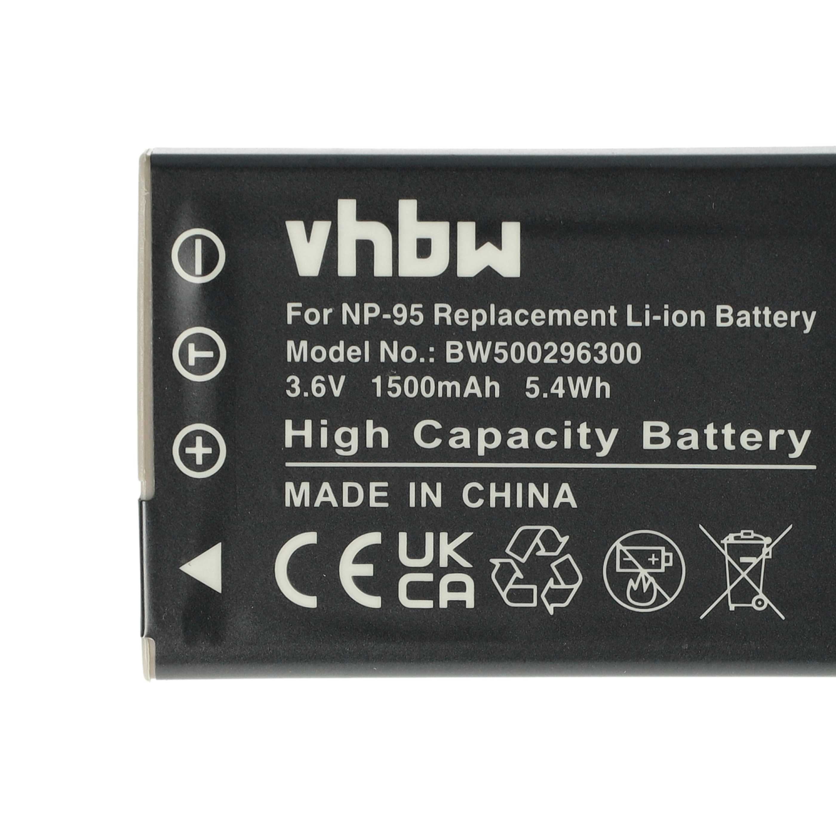 Schwarzer Akku mit Text: High Capacity Battery, vhbw und weitere Details. Weißer Hintergrund.