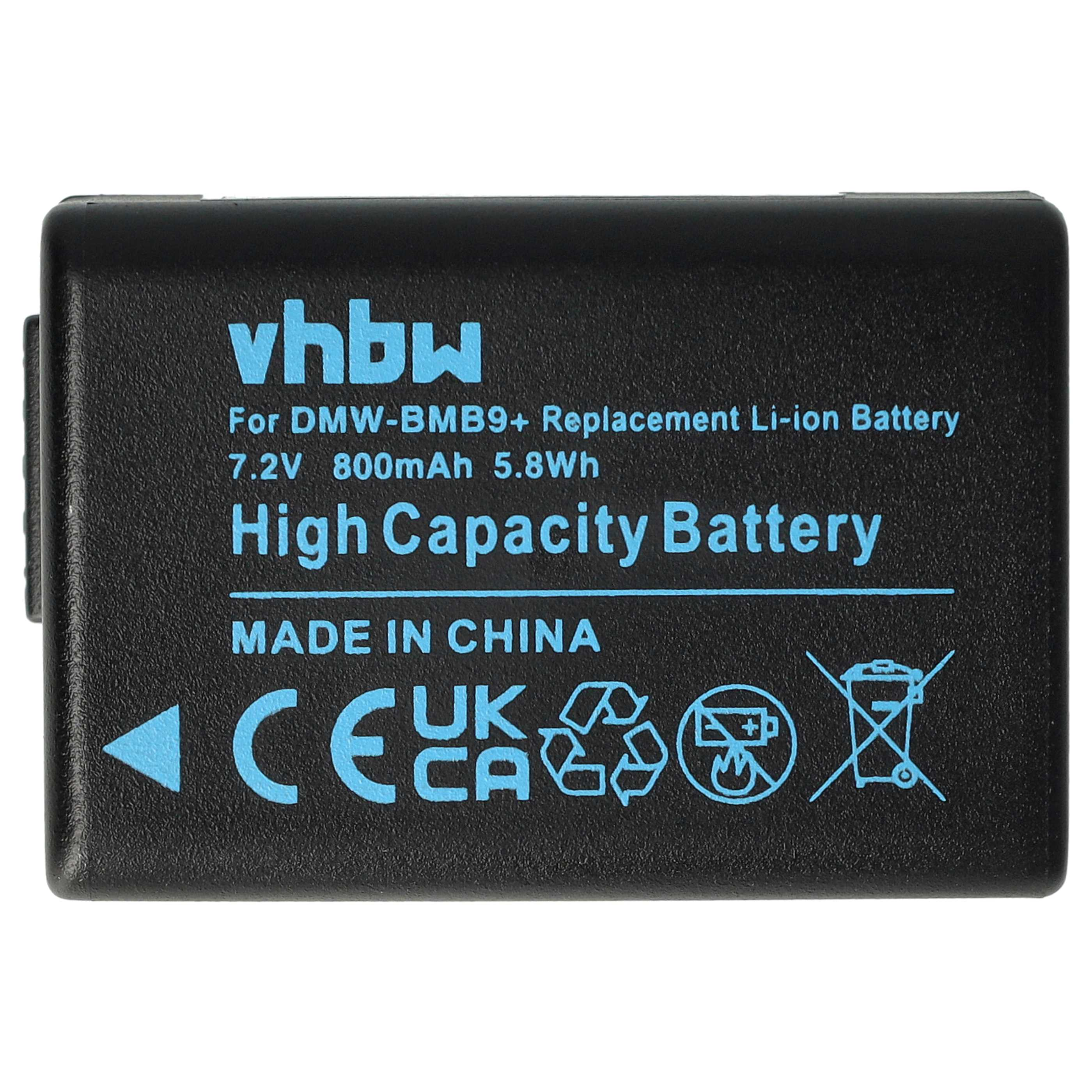 Rechteckiger schwarzer Akku mit der Aufschrift "vhbw". Es gibt CE-, UKCA-, Recycling- und Warnsymbole. Blauer Text.