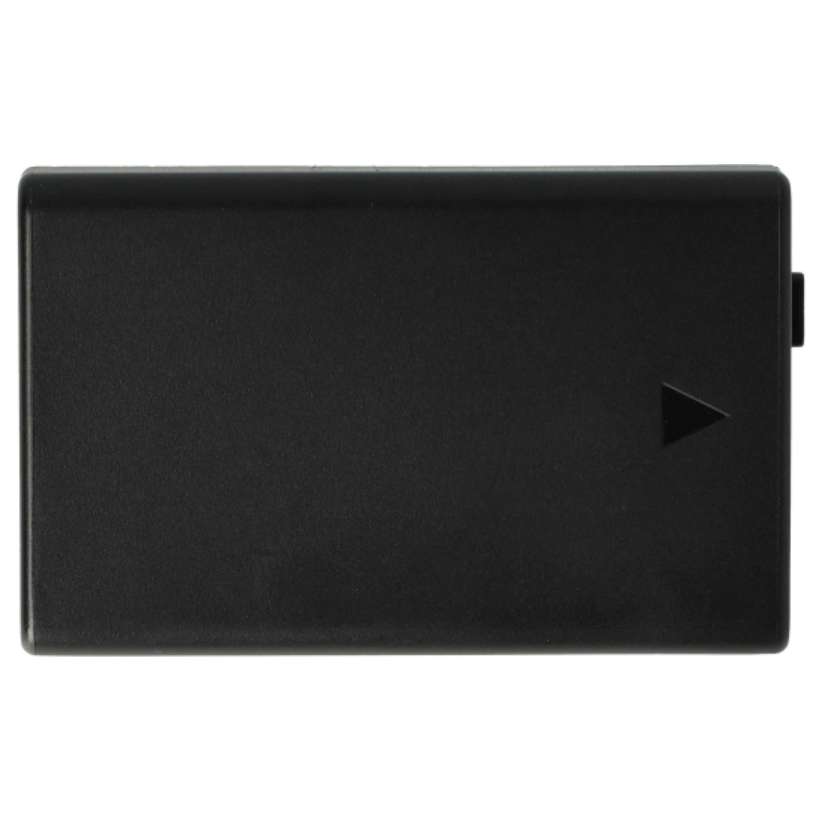 Ein schwarzes Kamerabatteriepack mit einer Dreiecksmarkierung für die richtige Einführungsrichtung.