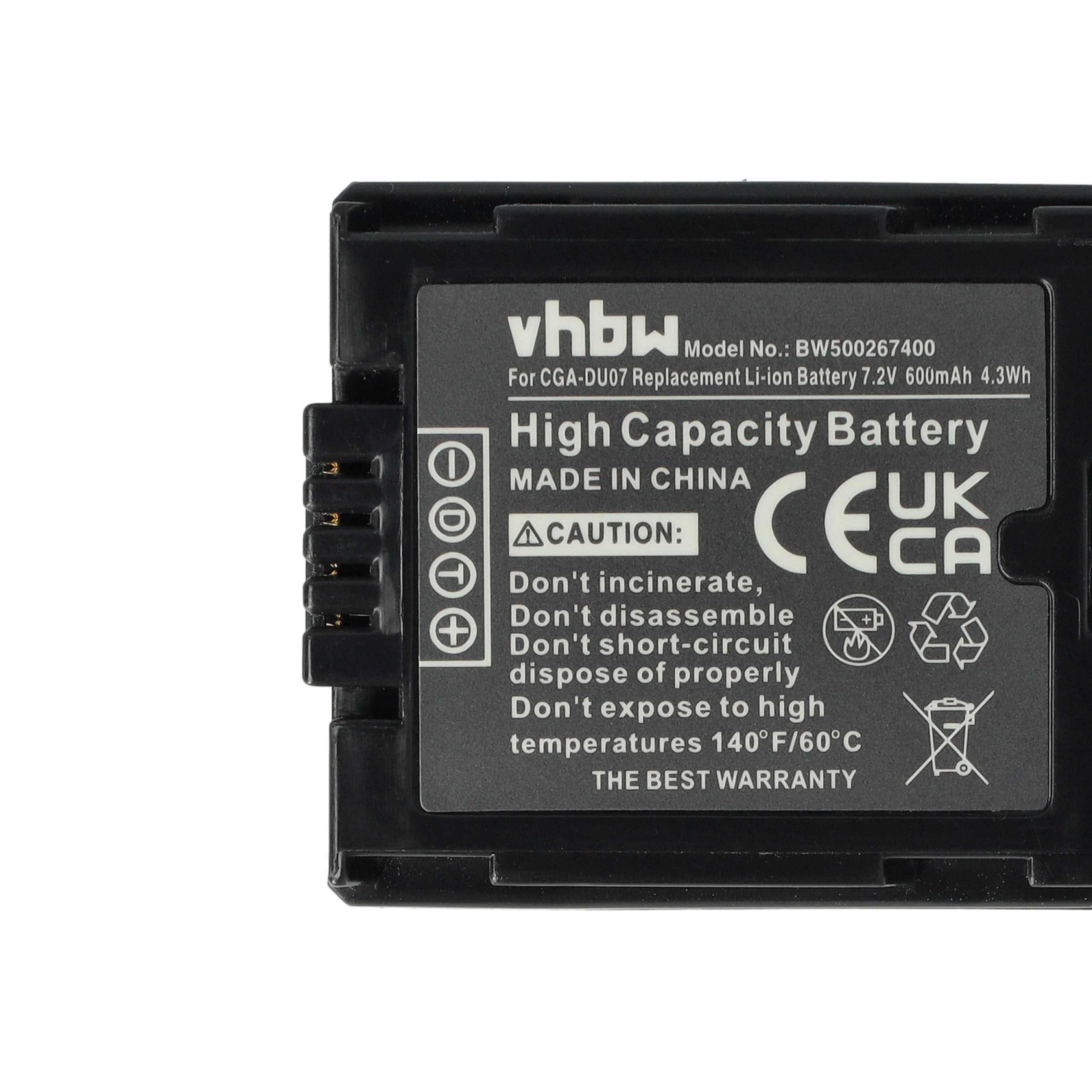 Eine schwarze Batterie mit weißem Text. Warn-, Vorsicht- und Recyclingsymbole.
