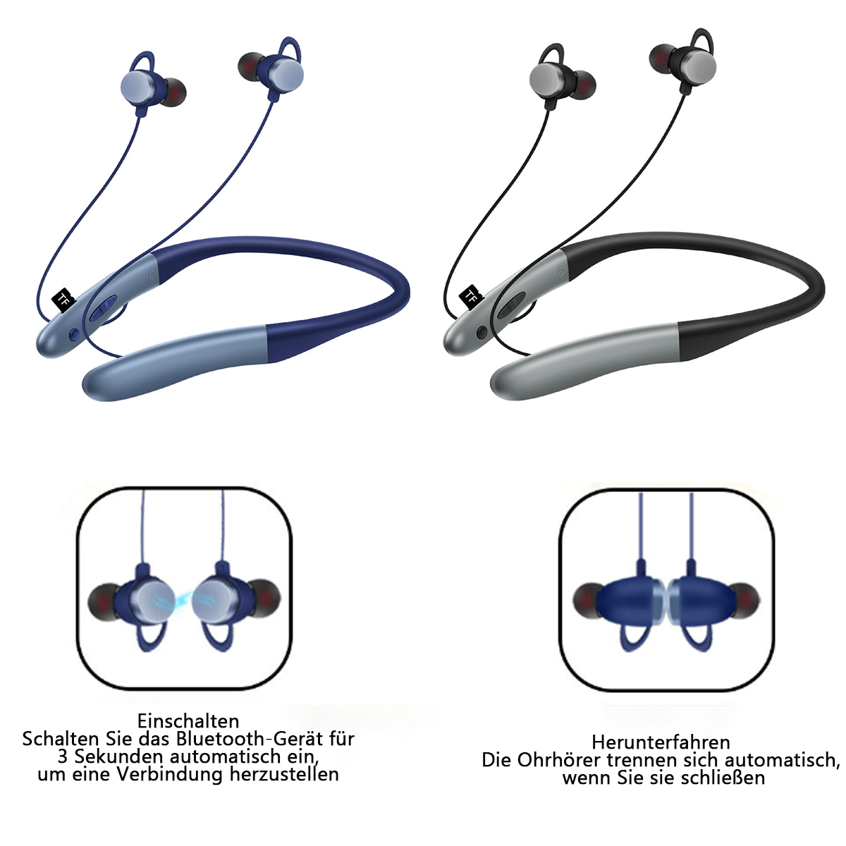 Dos pares de auriculares de diadema inalámbricos, instrucciones de emparejamiento Bluetooth.