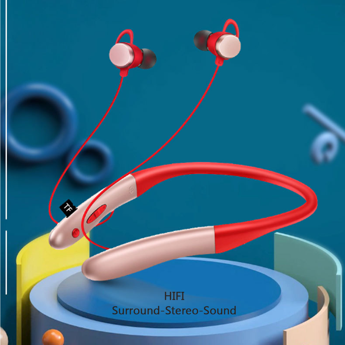 Auriculares inalámbricos rojos y grises. Estilo de banda para el cuello con panel de control y etiqueta HiFi Surround-Stereo-Sound.