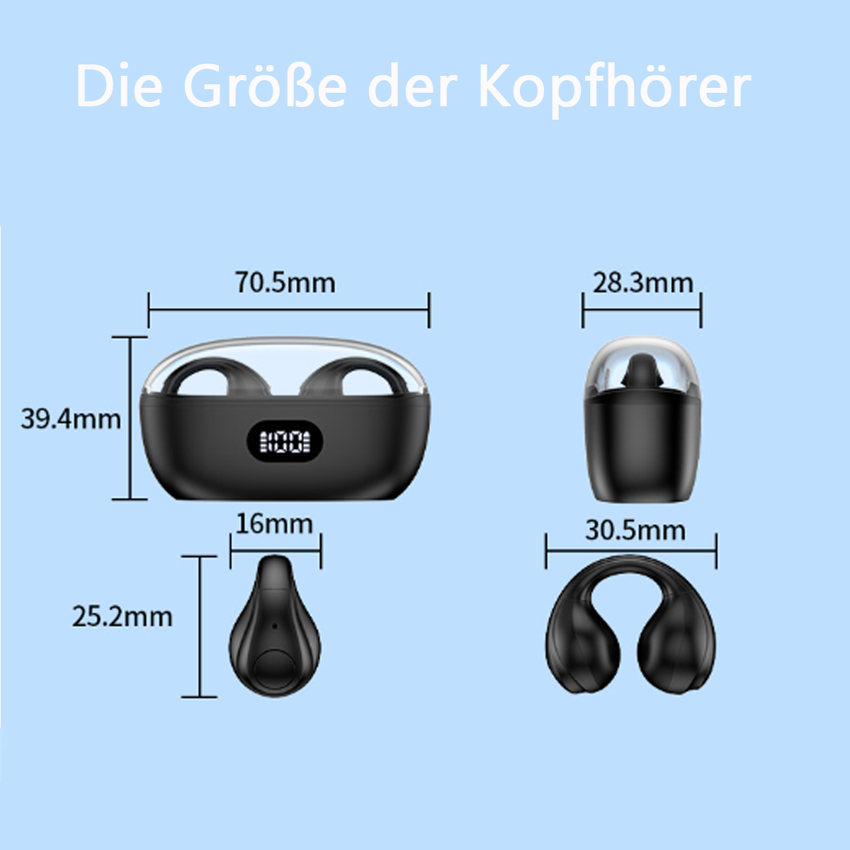 Diagramm, das die Größe von Ohrhörern und ihrem Etui zeigt. Für jede Komponente sind Maße in Millimetern angegeben.